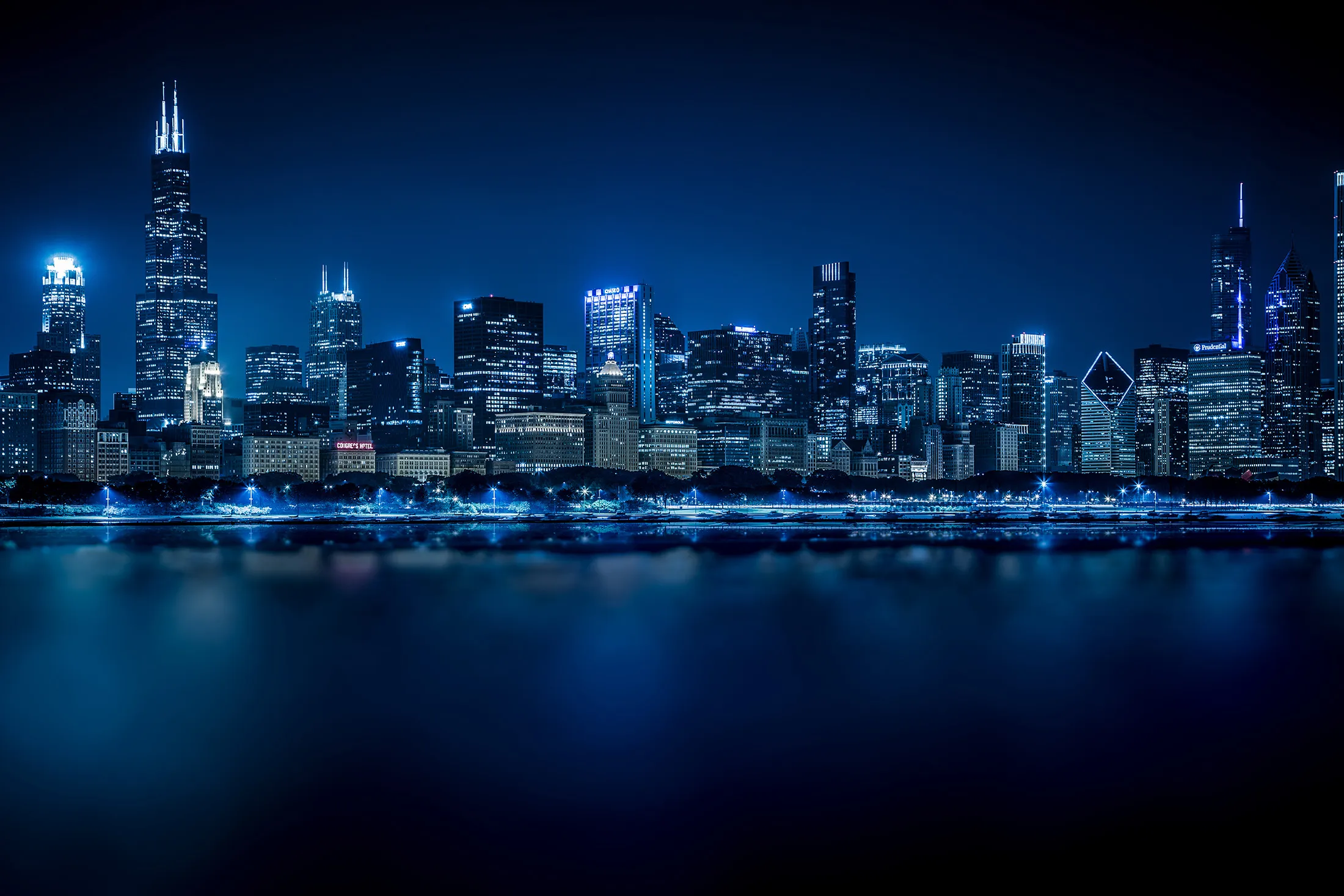 Chicago skyline at Night, Illinois, USA
