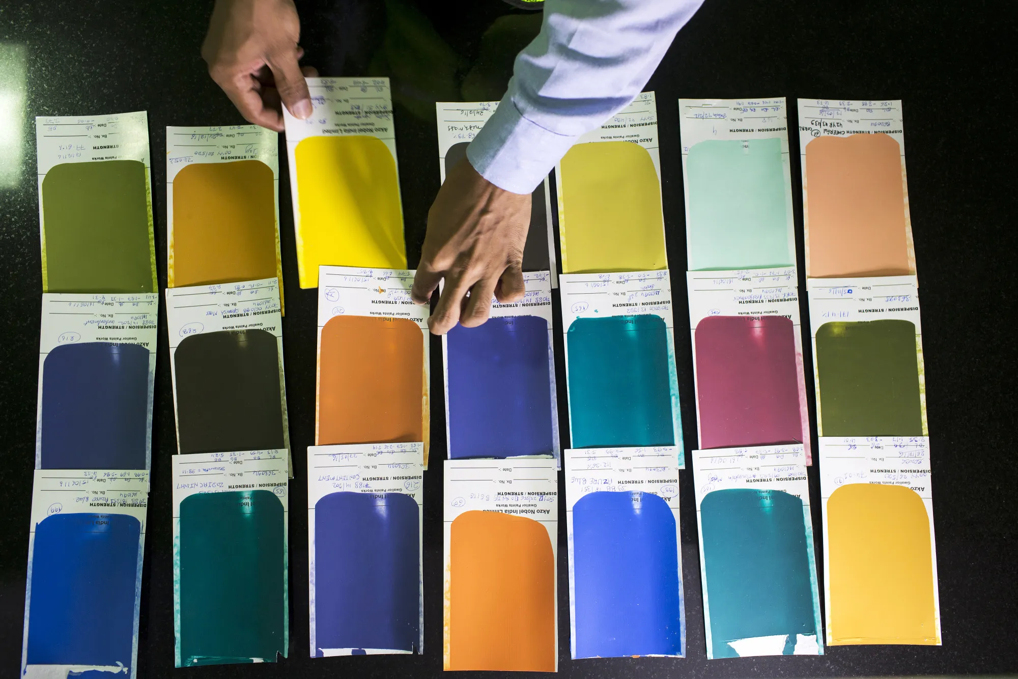 Paint spread test sheets&nbsp;at an Akzo Nobel India&nbsp;paint factory in Gwalior, Madhya Pradesh, India.