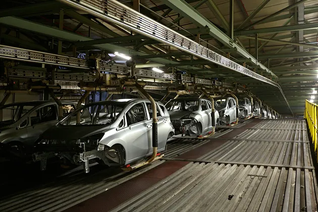 New Nissan vehicles are transported from the body shop along the automated production line at the company’s plant in Sunderland, U.K., on Nov. 27