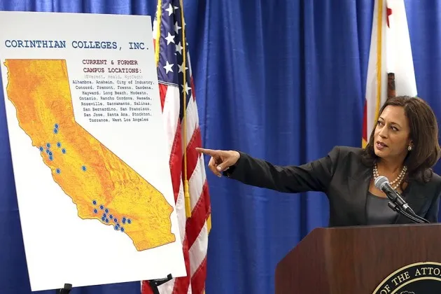 California Attorney General Kamala Harris announced the filing of a lawsuit against the for-profit Corinthian Colleges on Oct. 10, 2013 in San Francisco
