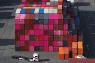 Stacked shipping containers at Hamburg Port.