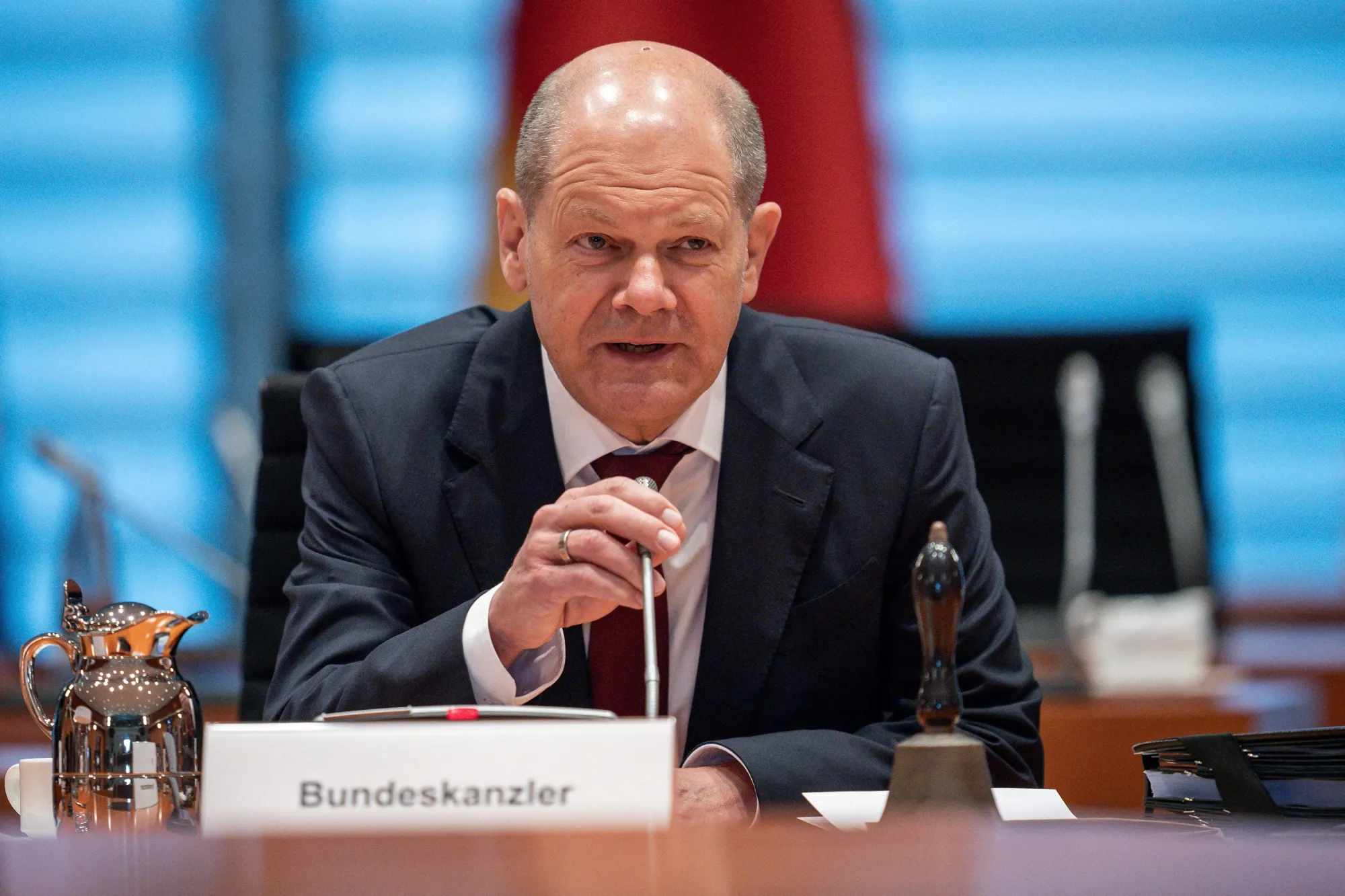 Olaf Scholz addresses the cabinet meeting at the Chancellery in Berlin on April 27.