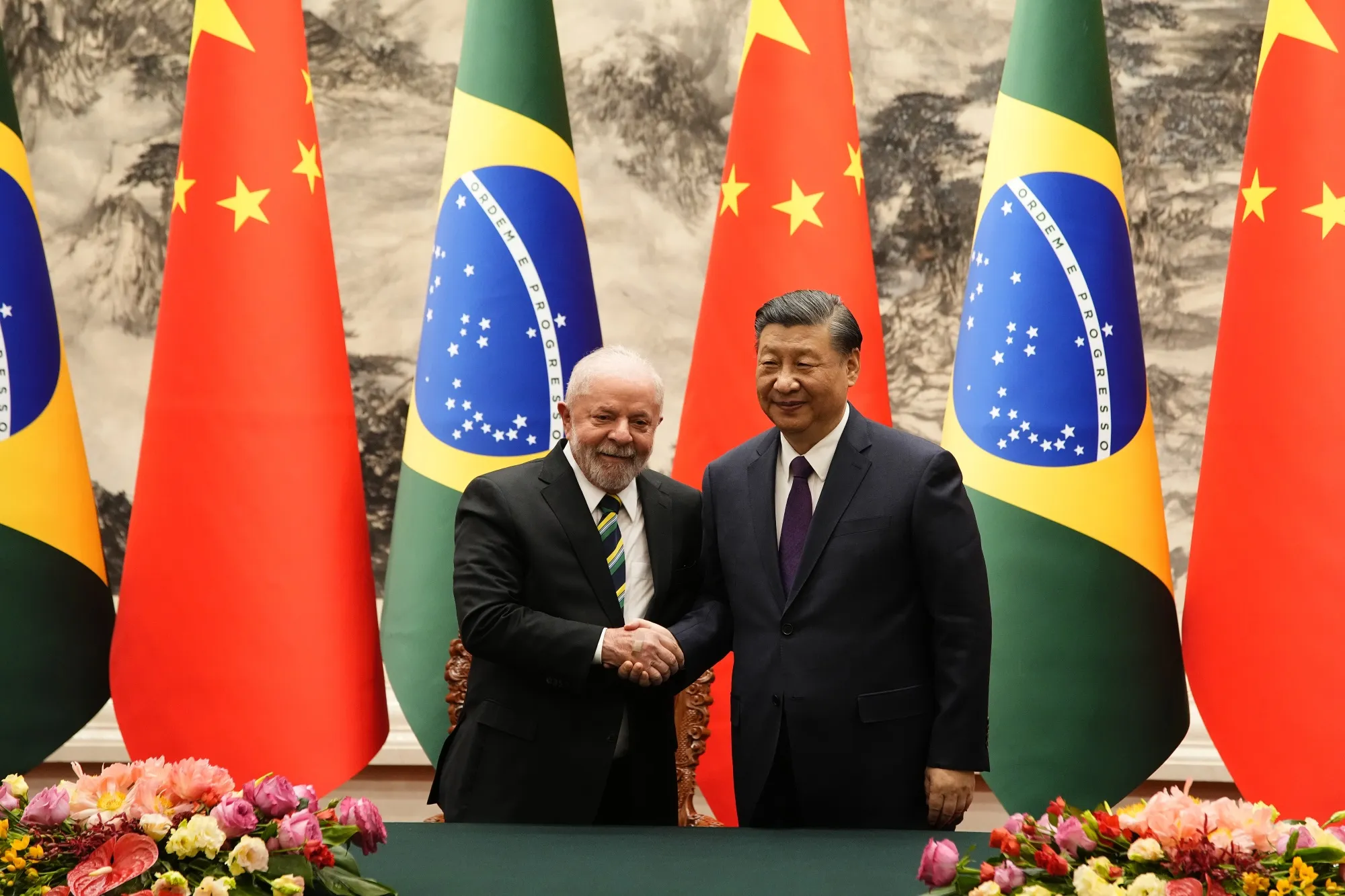 Brazilian President Luiz Inacio Lula da Silva&nbsp;with Chinese President Xi Jinping at the Great Hall of the People on April 14 in Beijing.