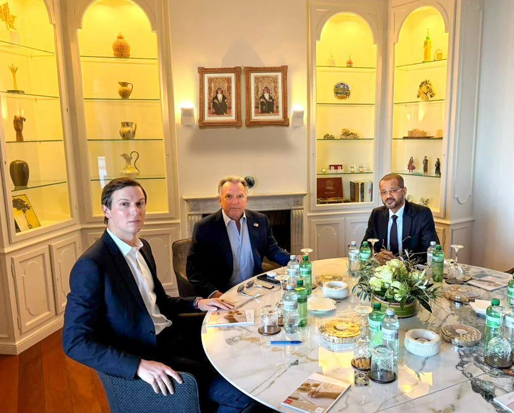Oman's Minister of Foreign Affairs Sayyid Badr bin Hamad Al Busaidi, right, holds a meeting with White House special envoy Steve Witkoff, center, and Jared Kushner, as part of the ongoing Iranian-American negotiations, in Geneva, Switzerland, Feb. 26.