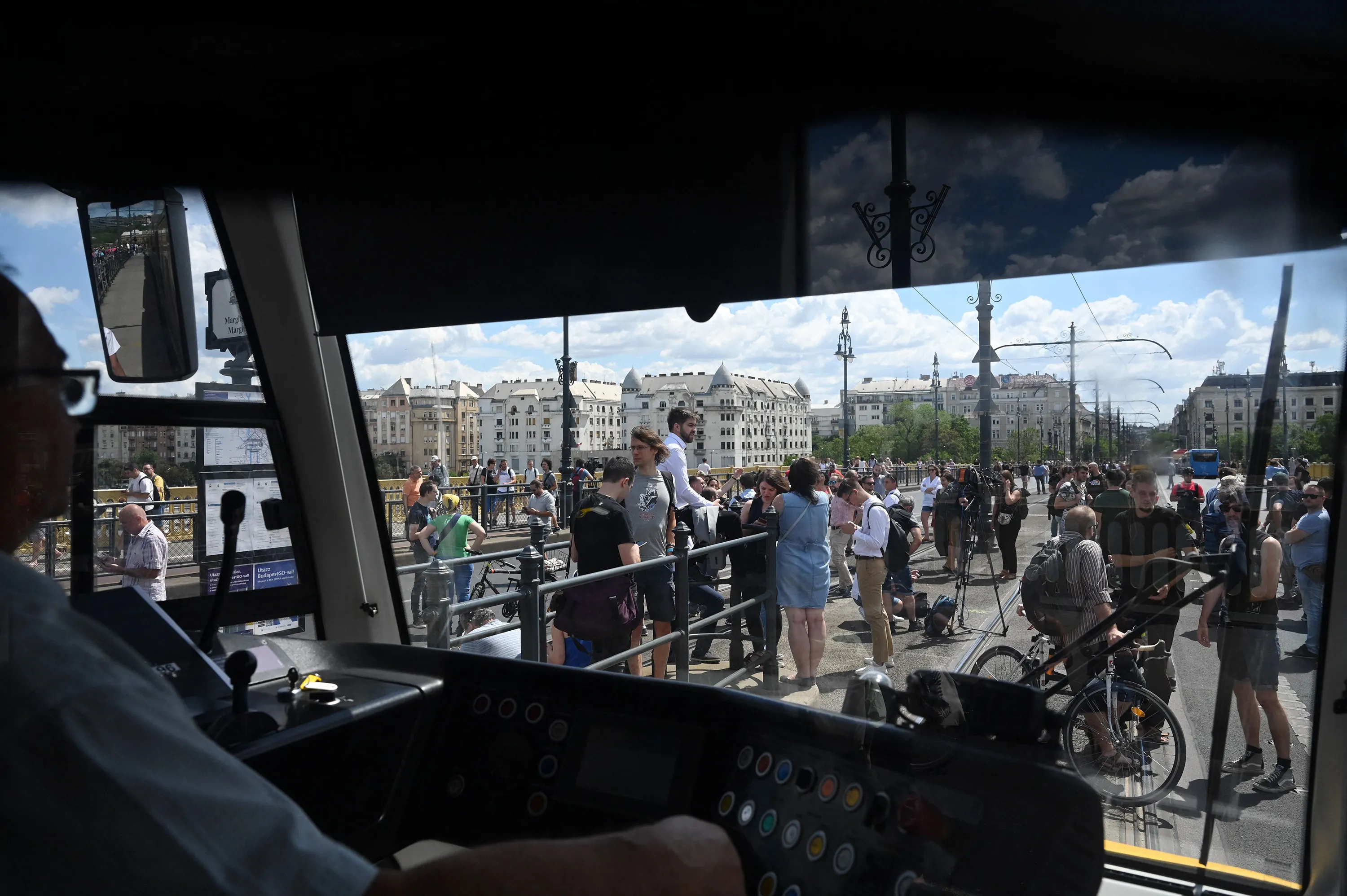 Demonstrators block&nbsp;the Margit Bridge, to protest against the&nbsp;government's proposed amendment to taxation legislation in Budapest on July 12.
