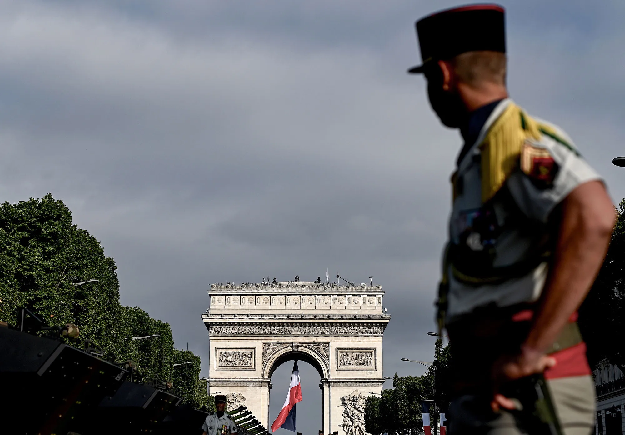A French soldier stands in front of the Arc de Triomphe prior to the Bastille Day in Paris on July 14.&nbsp;