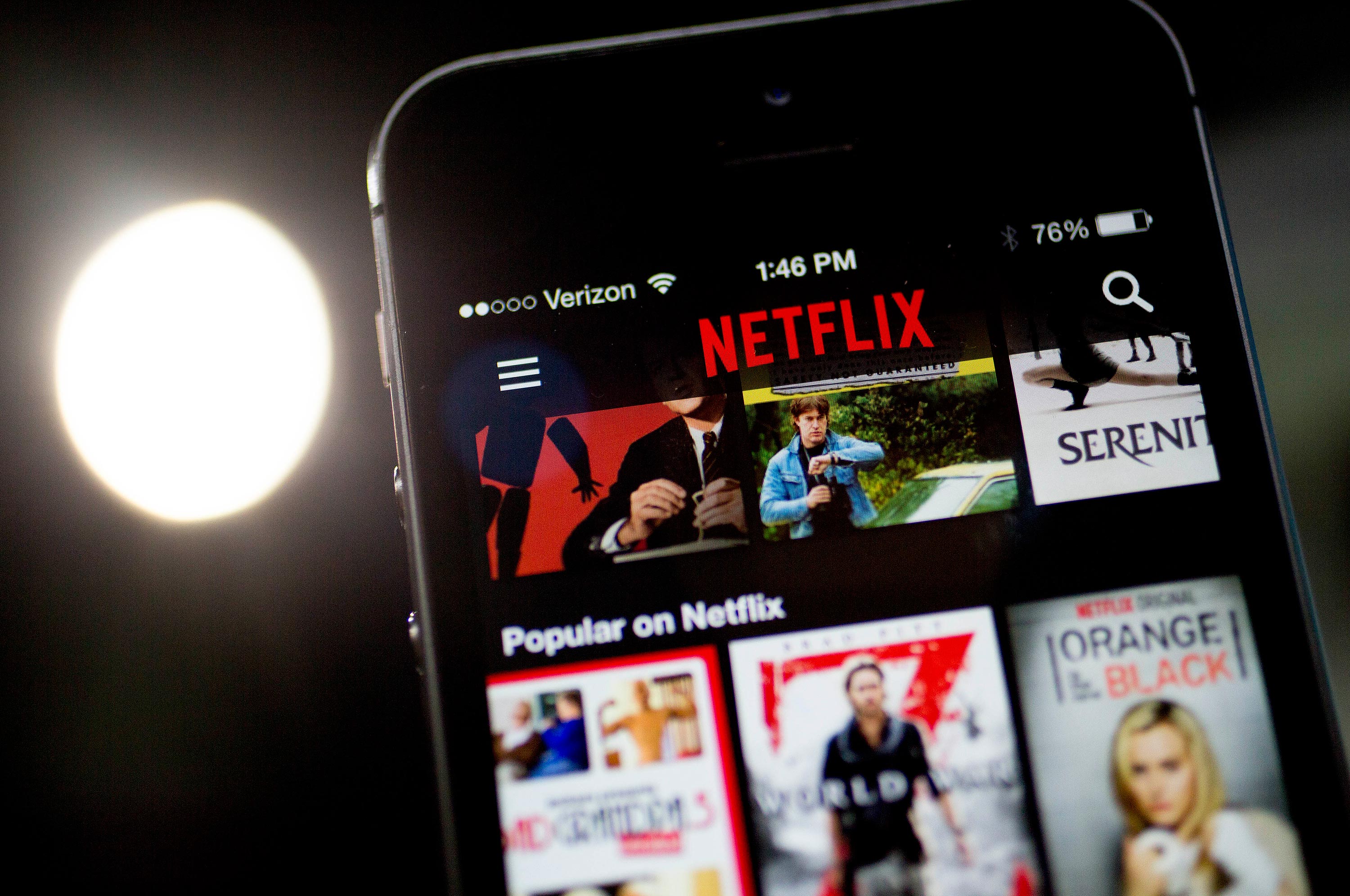 The Netflix Inc. app on an Apple Inc. iPhone 5s including &quot;Orange is the New Black&quot; series on July 9, 2014. &quot;House of Cards,&quot; and &quot;Orange Is the New Black,&quot; two Netflix Inc. series that have boosted the popularity of online viewing, will compete for television's top honors as nominees for Emmy awards in drama and comedy. Photographer: Andrew Harrer/Bloomberg