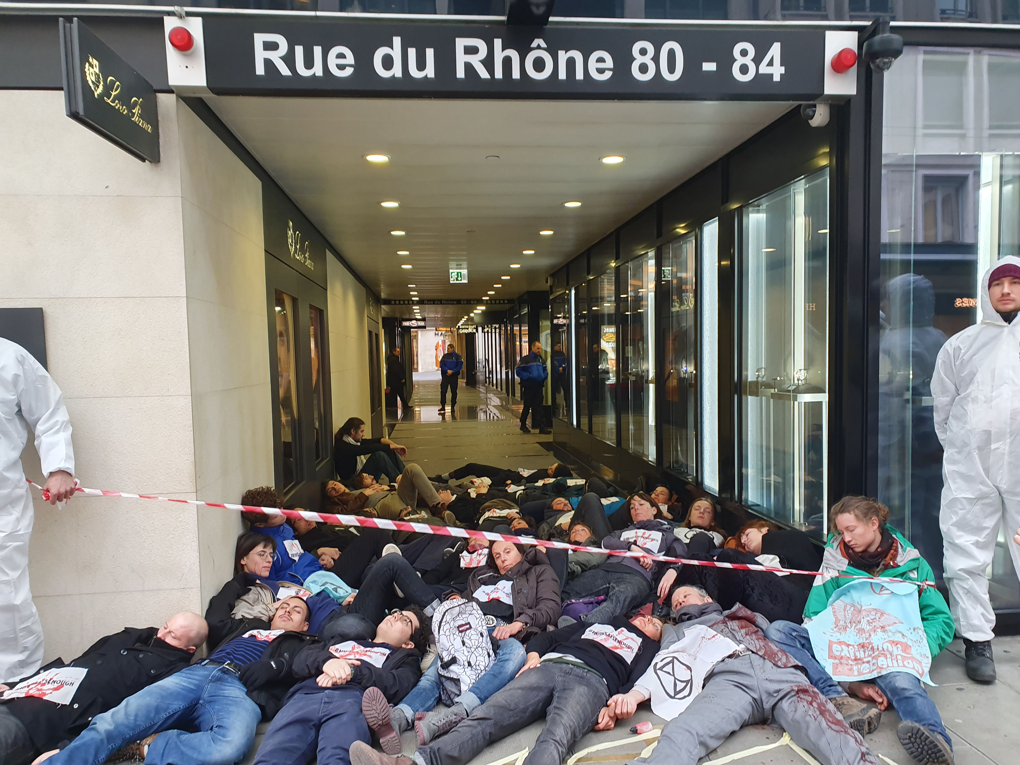 Extinction Rebellion climate protest ‘crime scene’ outside the Gunvor Group offices in Geneva, on Feb. 17.