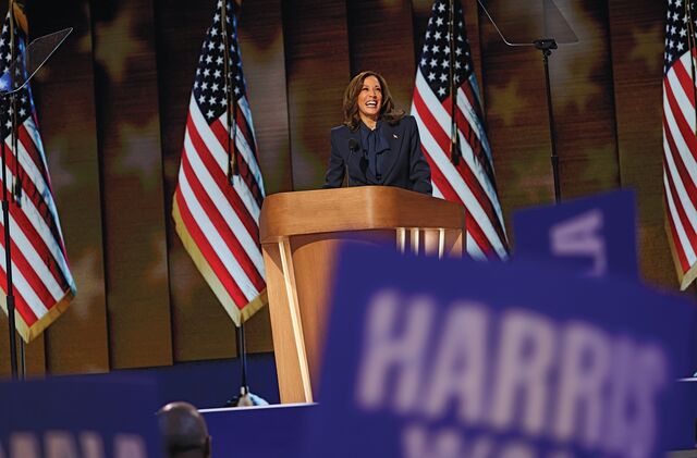 Kamala Harris accepting the nomination at the Democratic National Convention in Chicago in August 2024