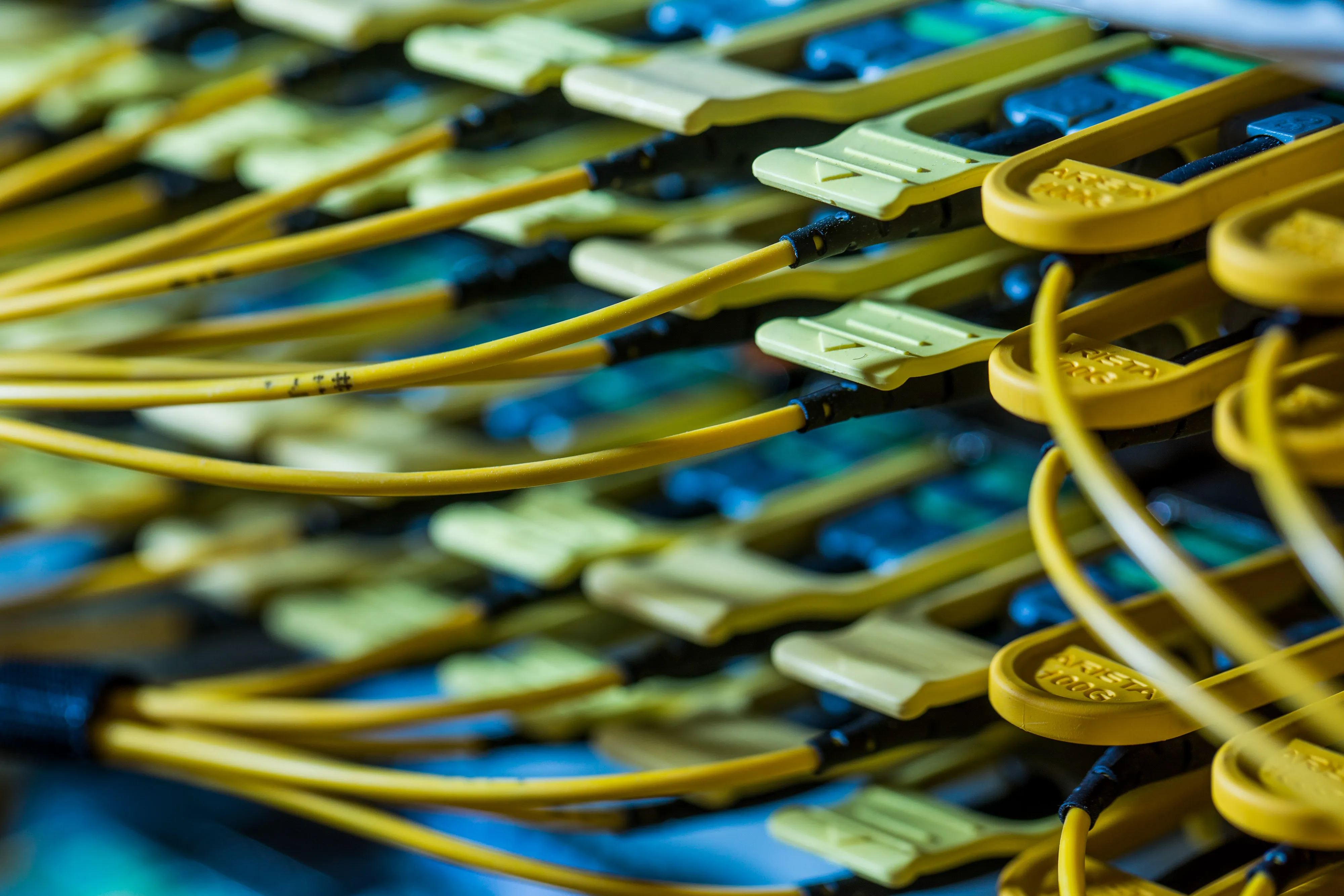 Fiber optic cables feed into a switch 