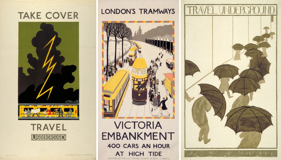 From left to right: &quot;Take Cover - Travel Underground&quot; by Kathleen Stenning (1925), &quot;Victoria Embankment&quot; by Monica Rawlins (1926), &quot;Travel Underground&quot; by Miss Bowden (1917)