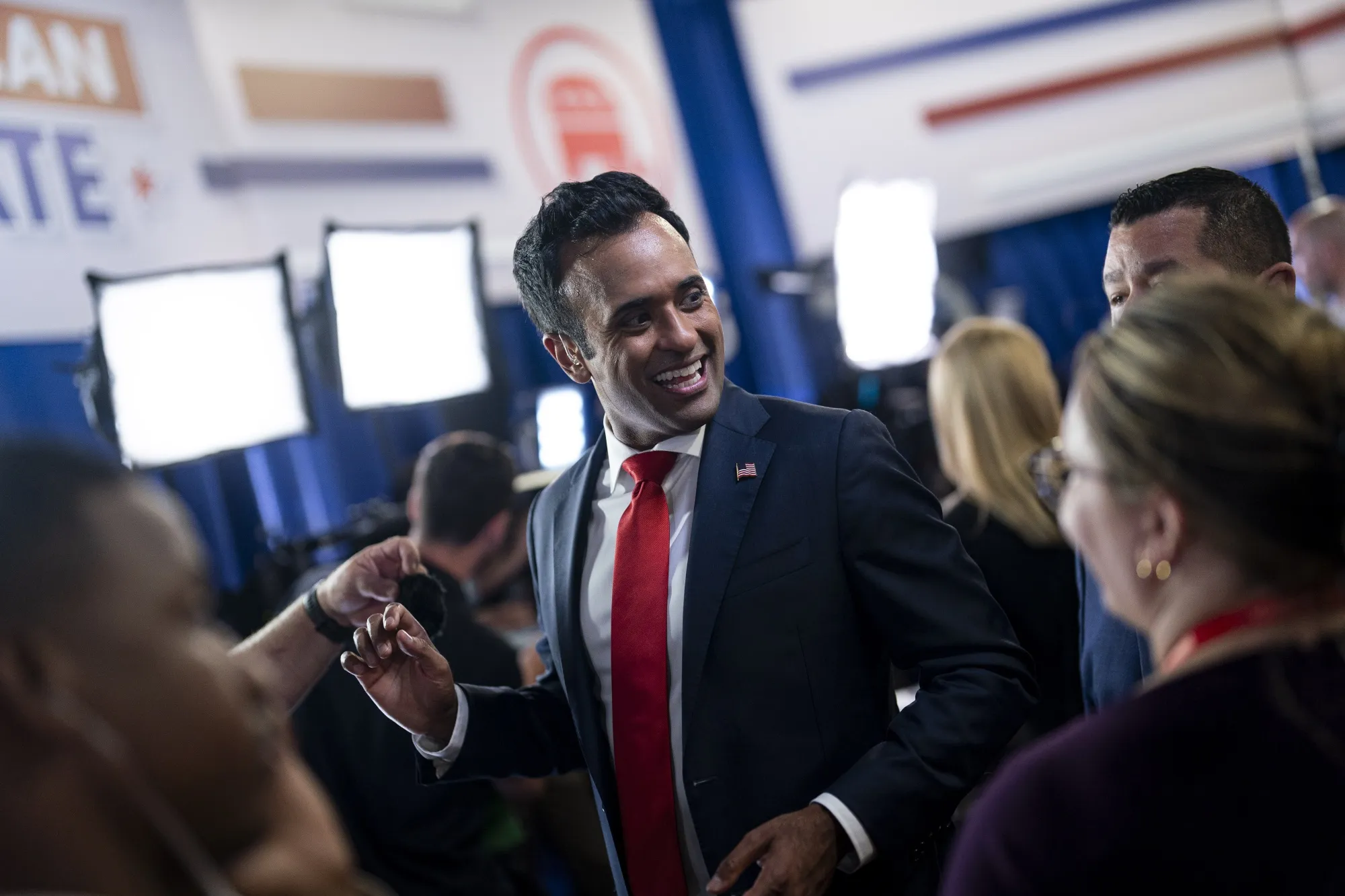 Vivek Ramaswamy in the spin room following the Republican primary presidential debate in Milwaukee, Wisconsin, on Aug. 23.