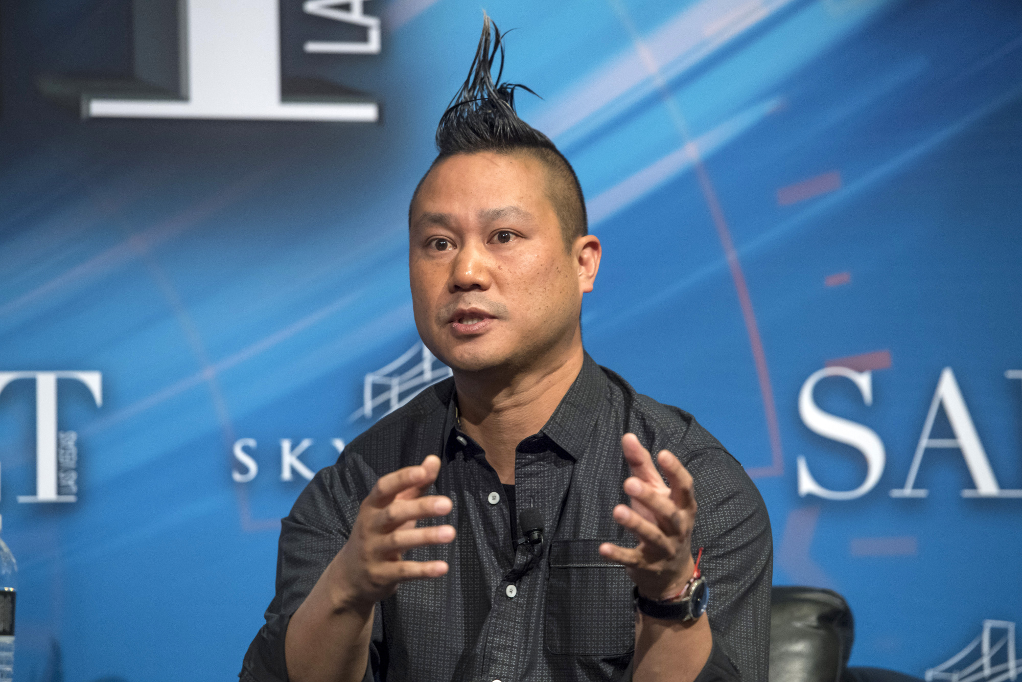 Tony Hsieh, CEO of Zappos.com Inc., speaks at the Skybridge Alternatives (SALT) Conference in Las Vegas, Nevada, United States on Thursday, May 18, 2017. The SALT Conference facilitates balanced discussion and debate on the macroeconomic trends, geopolitical events and alternative investment opportunities for the coming year.