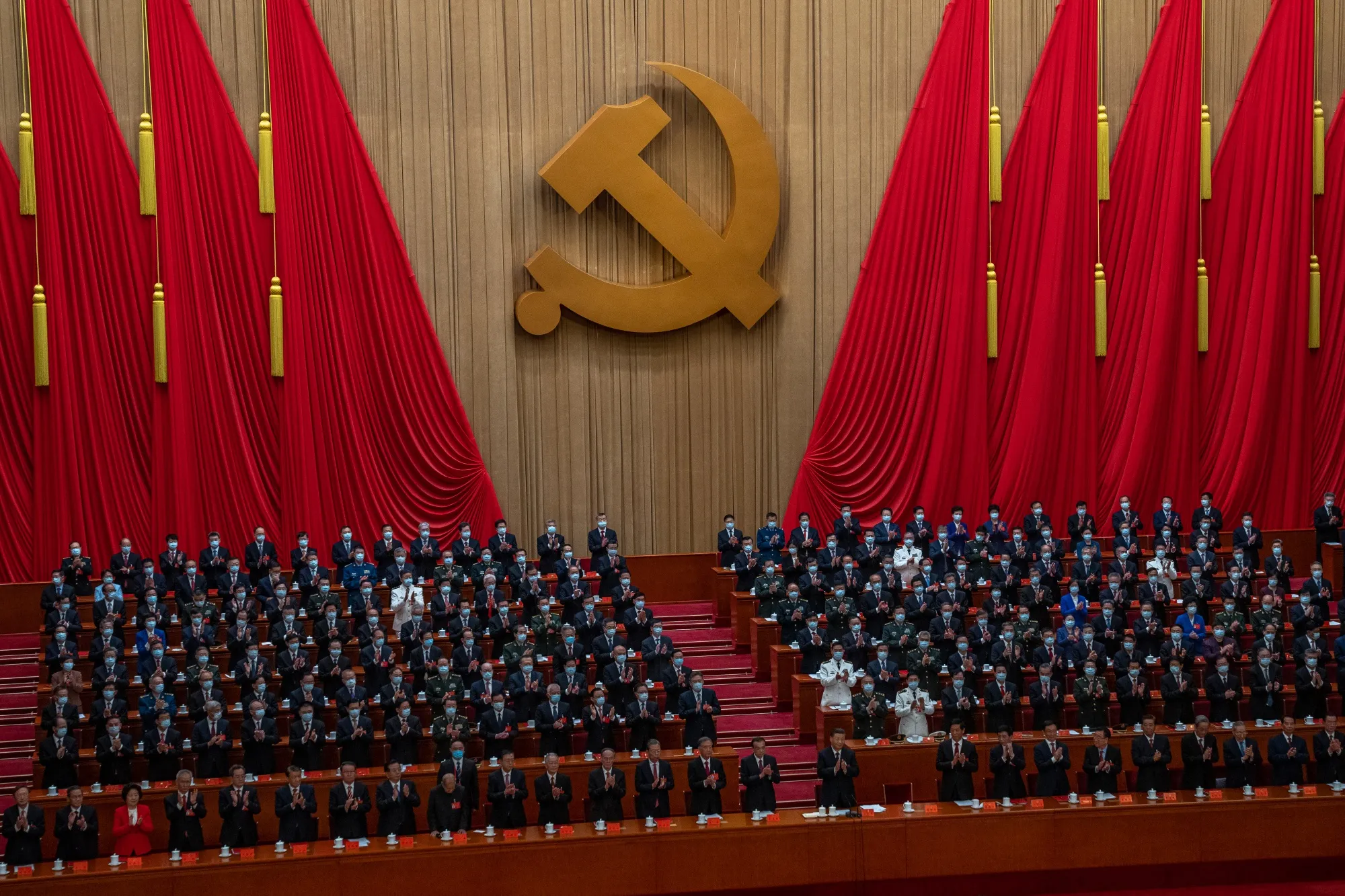 Delegates applaud during the closing session of the 20th National Congress of the Chinese Communist Party at the Great Hall of the People in Beijing on&nbsp;Oct. 22.
