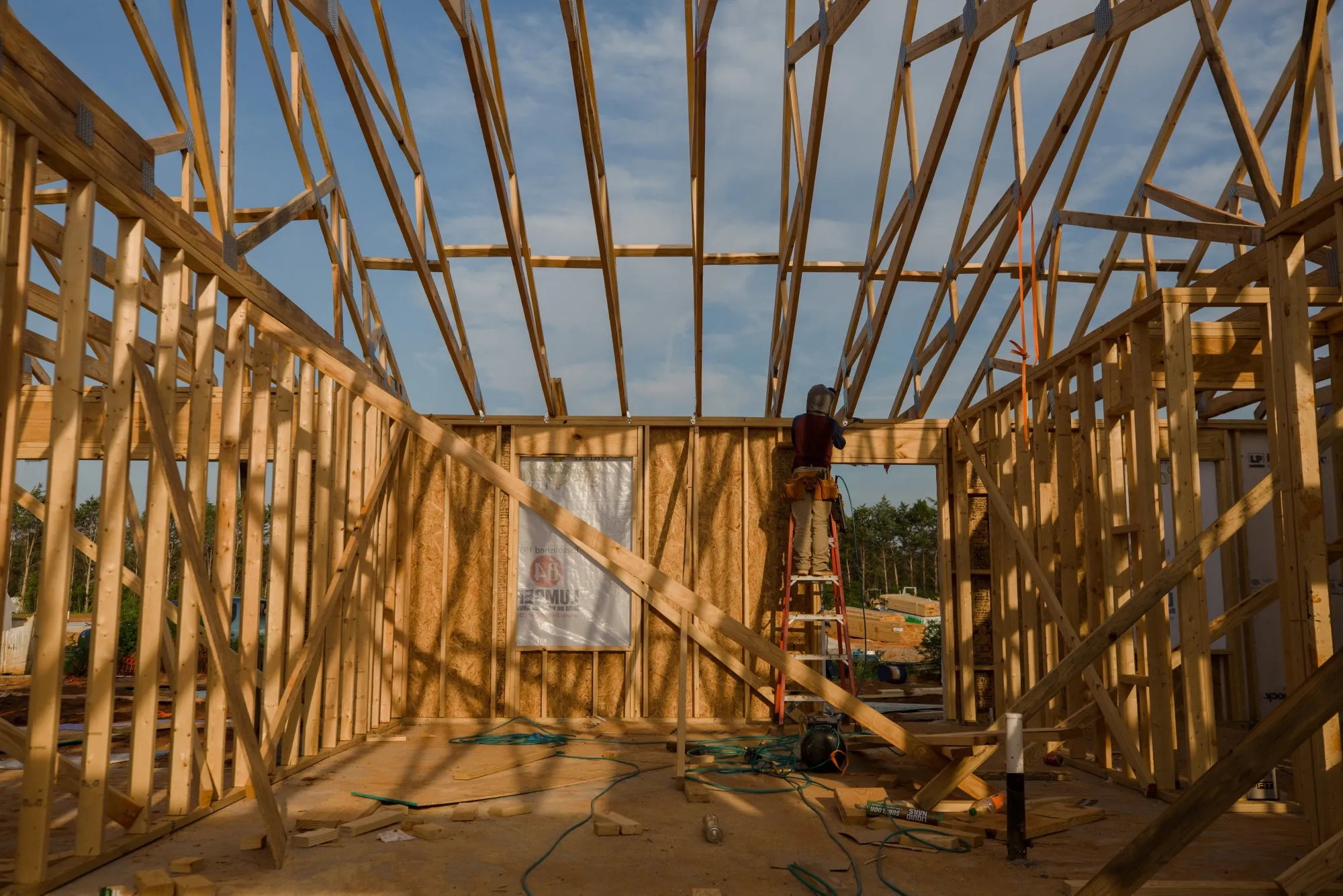 A contractor works on the roof of a house under construction&nbsp;in Sumter, South Carolina.