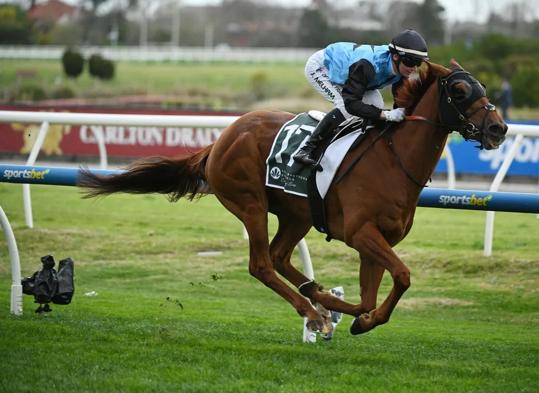 Jamie Melham riding Half Yours during Melbourne Racing at Caulfield Racecourse in Melbourne.