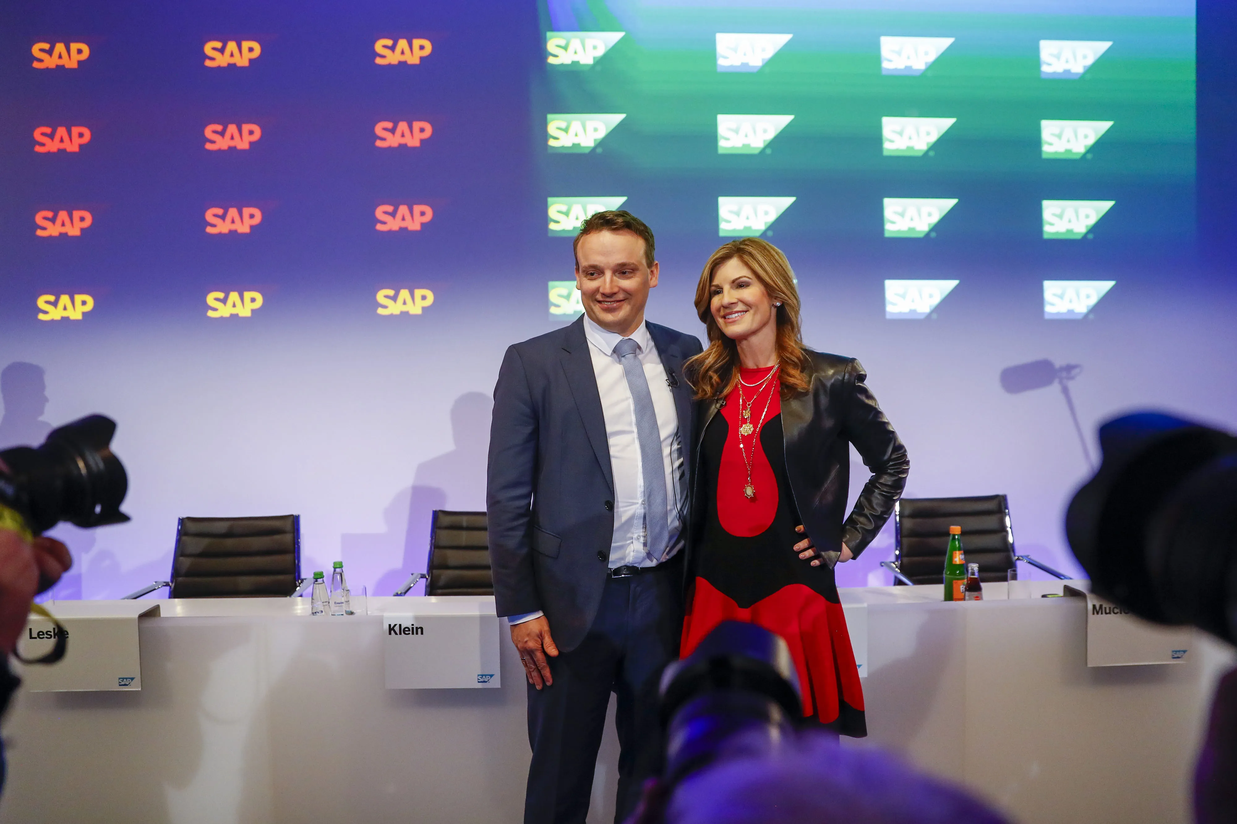 Christian Klein and Jennifer Morgan pose for photographs in Walldorf, Germany, on Jan. 28.