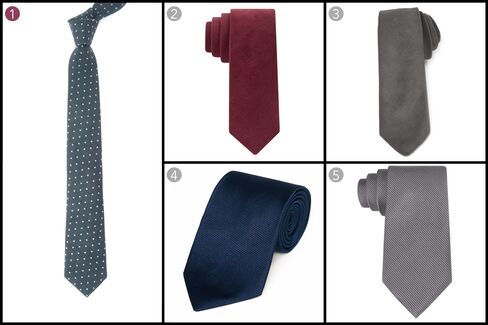(1) Corduroy dots, The Tie Bar, $19, thetiebar.com; (2) Corduroy solid skinny tie, Tommy Hilfiger, $65, macys.com; (3) Grey corduroy tie, Black Fleece, $125, brooksbrothers.com; (4) Woven twill tie, Gitman Bros., $115, gitman.com; (5) King cord solid tie, Calvin Klein, $65, macys.com.