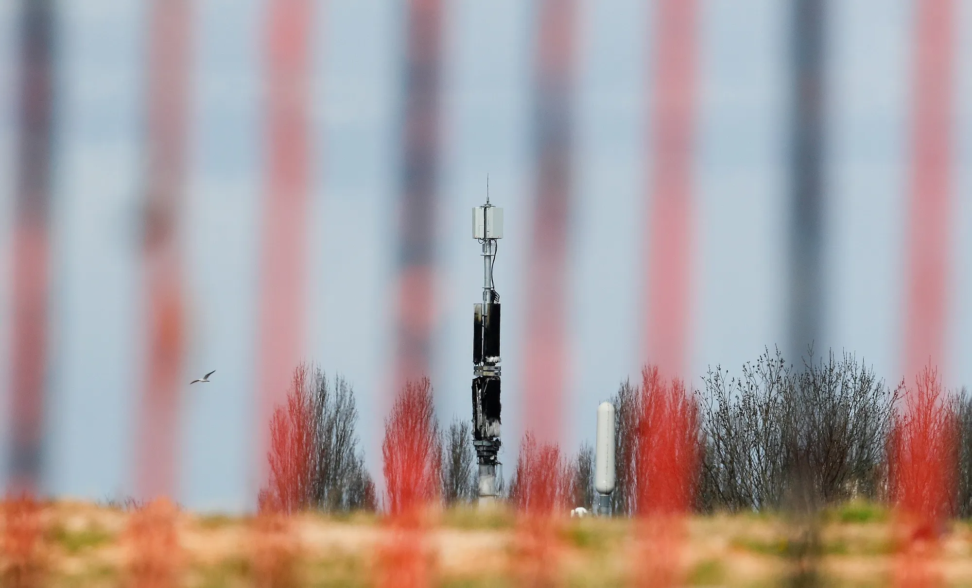 A fire-damaged telecom tower in Birmingham, U.K., on April 6.