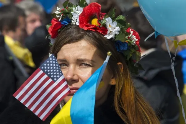 A protester rallies against Russian aggression in the Ukraine in front of the White House on March 6