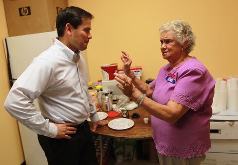 Then-Republican Senate candidate Marco Rubio with campaign volunteer Teresa Betancourt, who was making him Cuban coffee at a campaign volunteer center, on Nov. 1, 2010 in Hialeah, Florida.