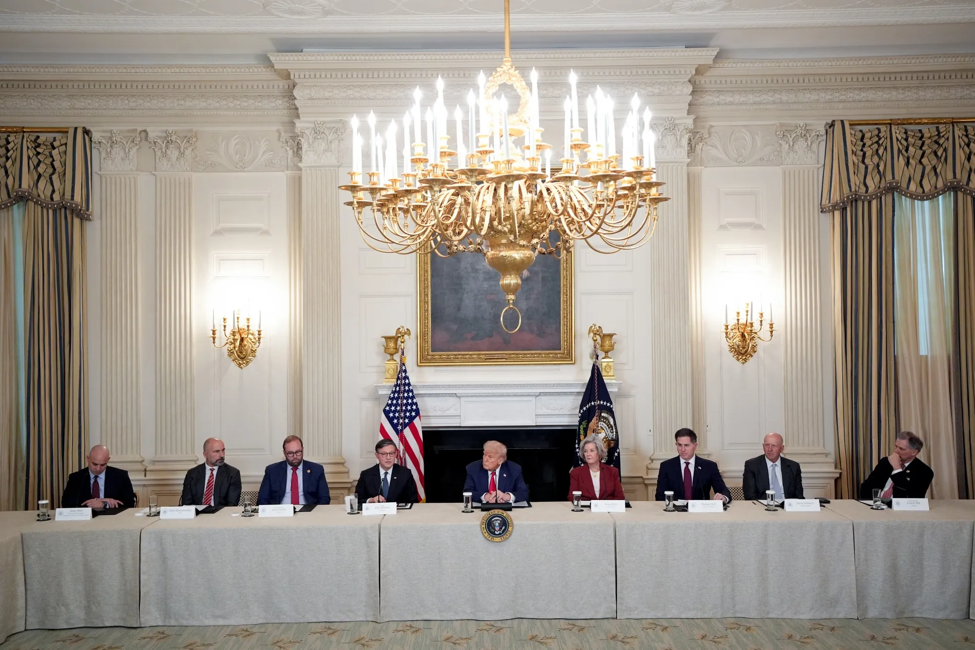 US President Donald Trump, center, during an Invest America roundtable in the State Dining Room of the White House in Washington, DC, on June 9.