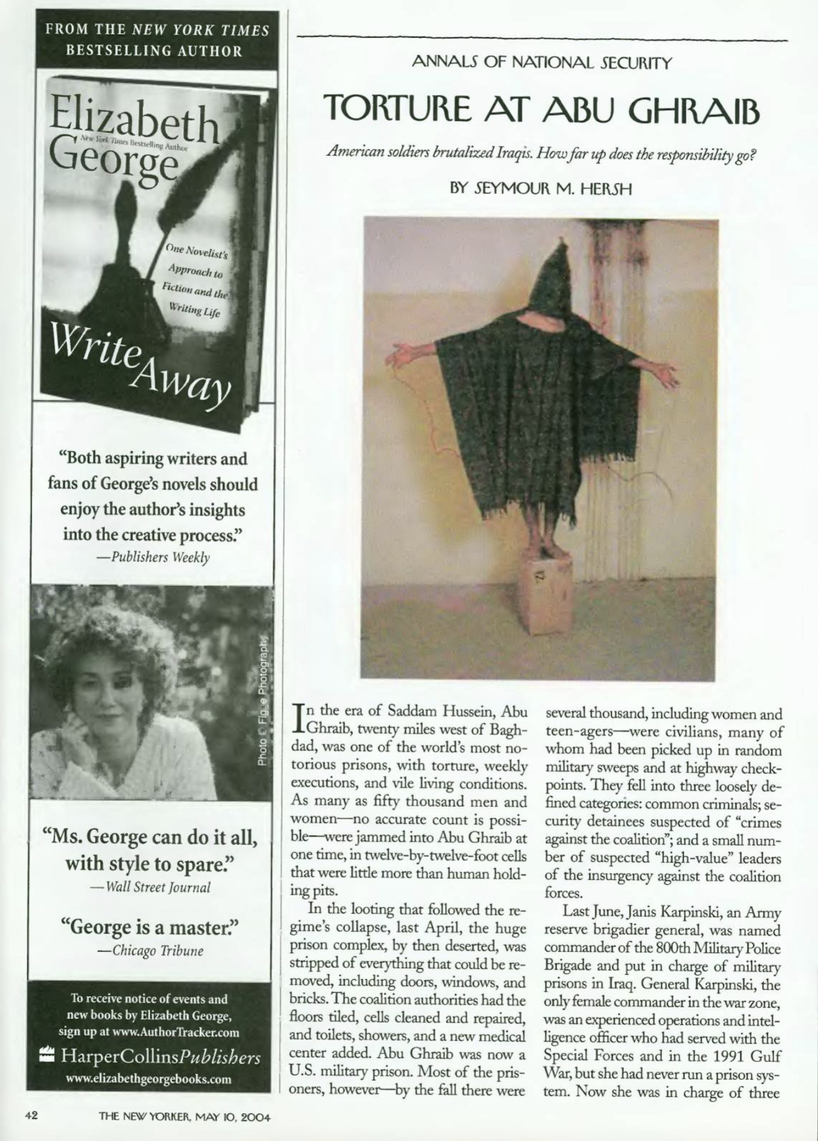 Image of the first page of the New Yorker article, Torture at Abu Ghraib, by Seymour Hersh.