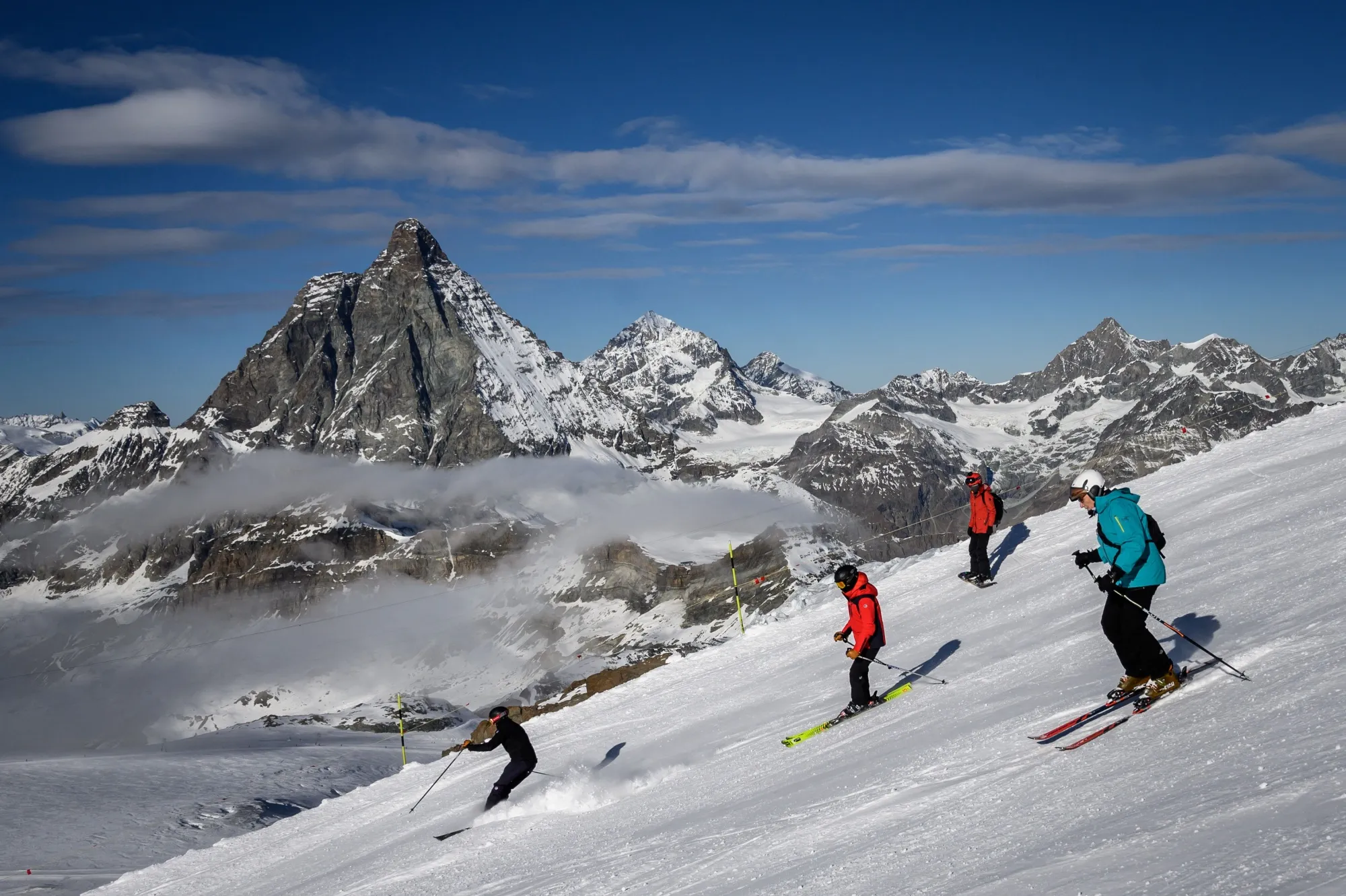Skiing near the Guide del Cervino hut at Testa Grigia peak between Zermatt, Switzerland, and Breuil-Cervinia, Italy. The two countries are adjusting their borders as alpine glaciers melt.