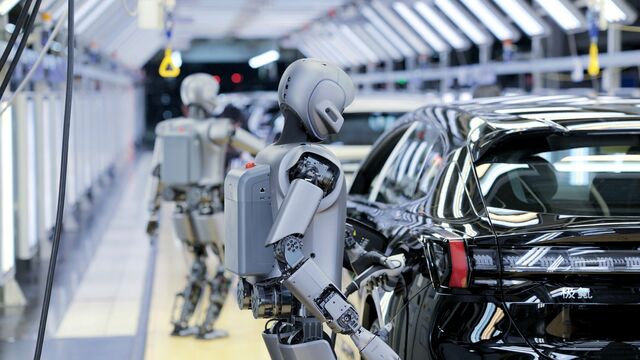UBTech's humanoid robots at Zeekr's 5G Intelligent Factory. Factory floors in China already boast a robot density that eclipses Germany and Japan.