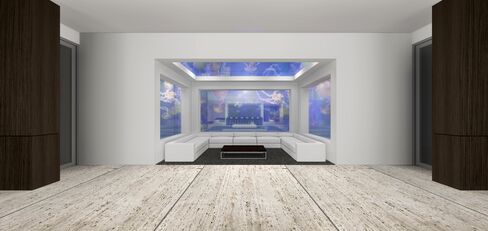 The "jelly fish room" has tanks on three walls and a light-changing ceiling.