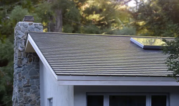One of the first completed installations of a Tesla Solar Roof. Tesla