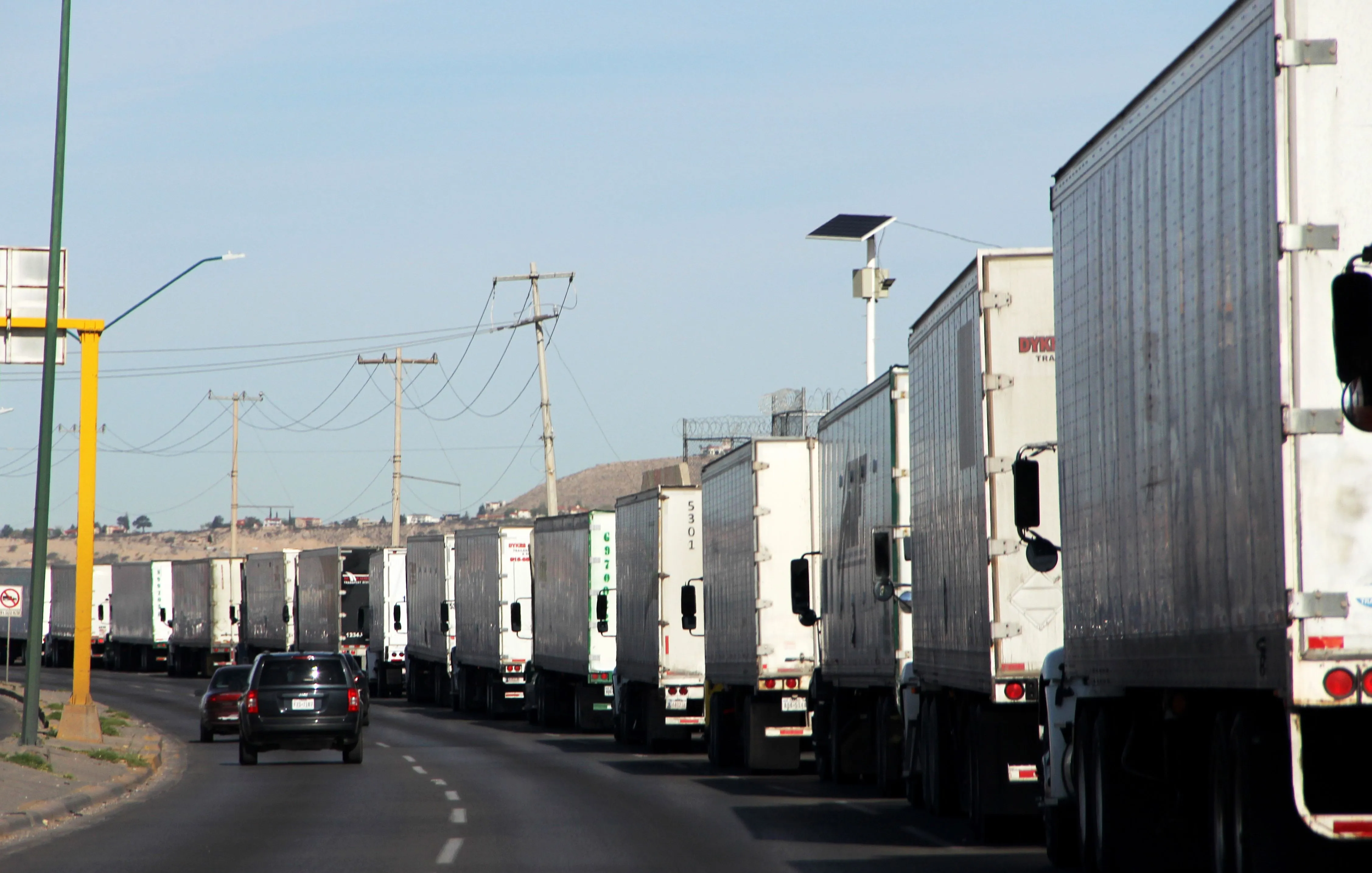 Cargo trucks line&nbsp;up to cross into the United States from Ciudad Juarez, Mexico.