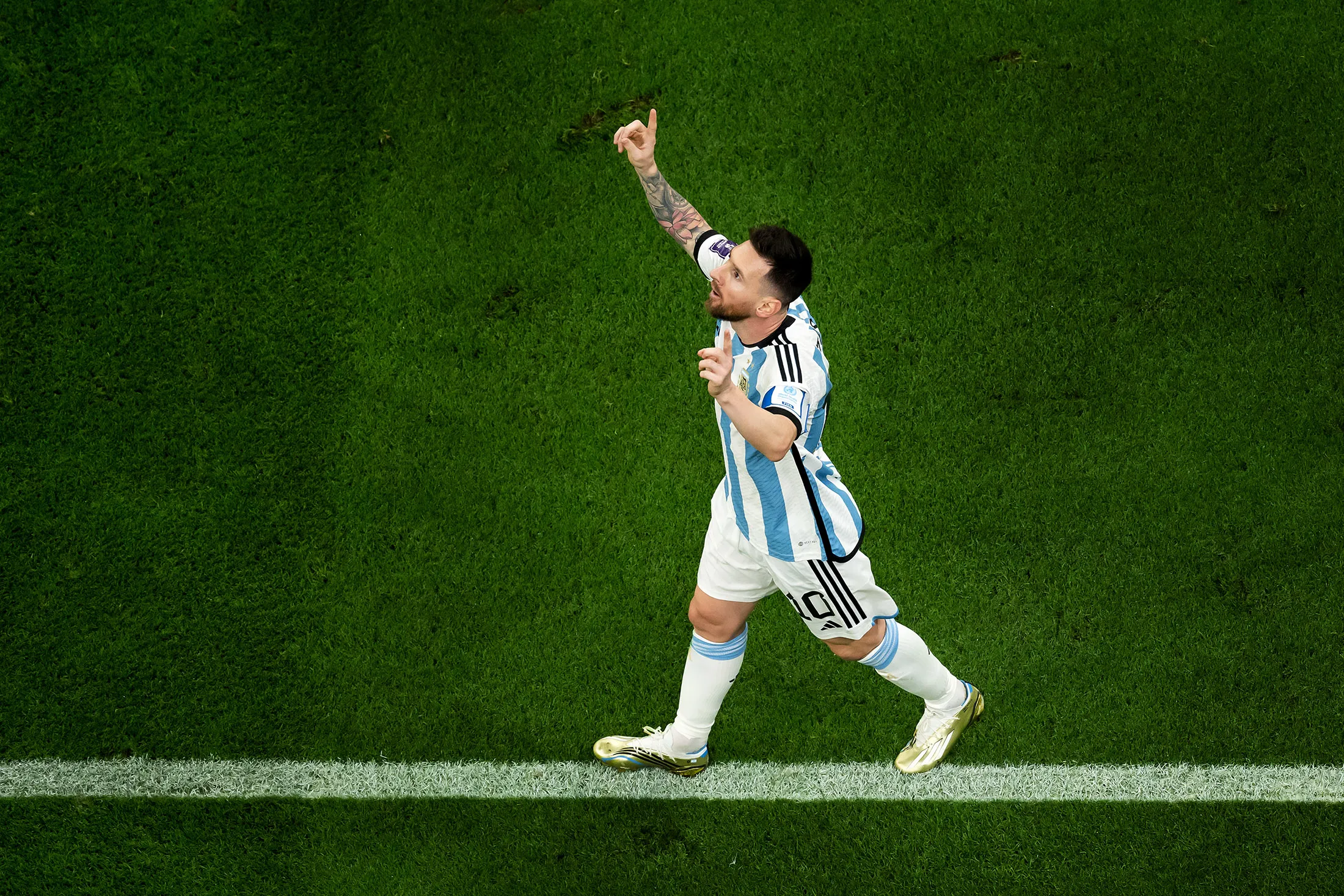 Lionel Messi celebrates after scoring a penalty during the FIFA World Cup Qatar 2022 Final on on Dec. 18, 2022.