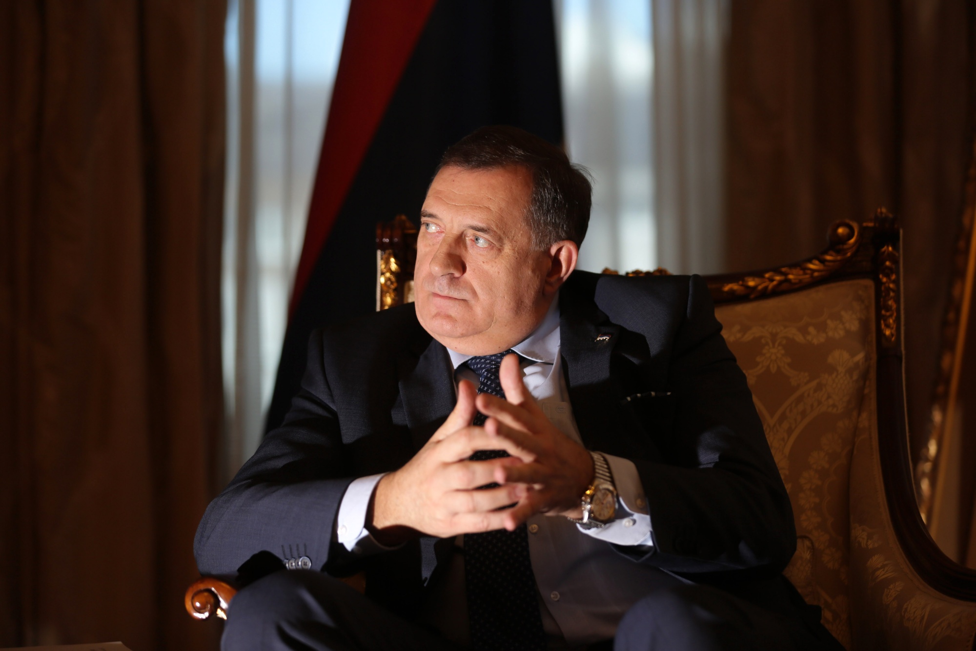 Milorad Dodik, Serb member of the Presidency of Bosnia and Herzegovina, during an interview at his office in Banja Luka, Bosnia and Herzegovina, on Wednesday, Jan. 19, 2022. Dodik, emboldened by cozy ties to Moscow and Belgrade, is pursuing policies that threaten to bring the region's simmering tensions back to a full boil, sparking unease among the majority non-Serb population of Bosnia-Herzegovina.
