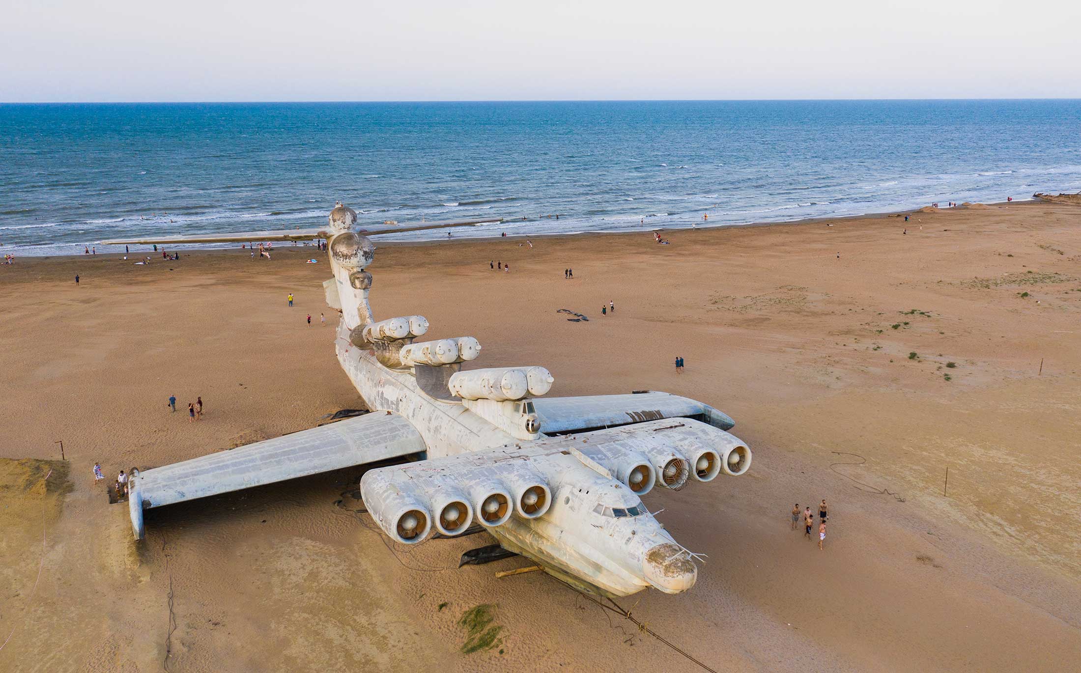 An ekranoplan on the shore of the Caspian Sea in 2022.