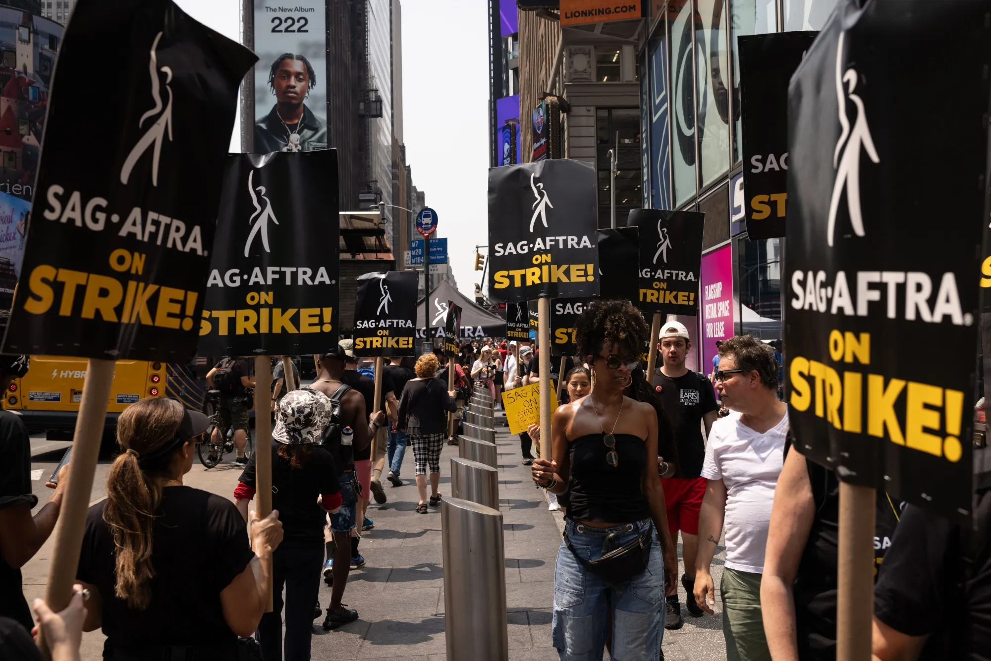 Screen Actors Guild members and supporters on a picket line in Times Square in New York on July 17.