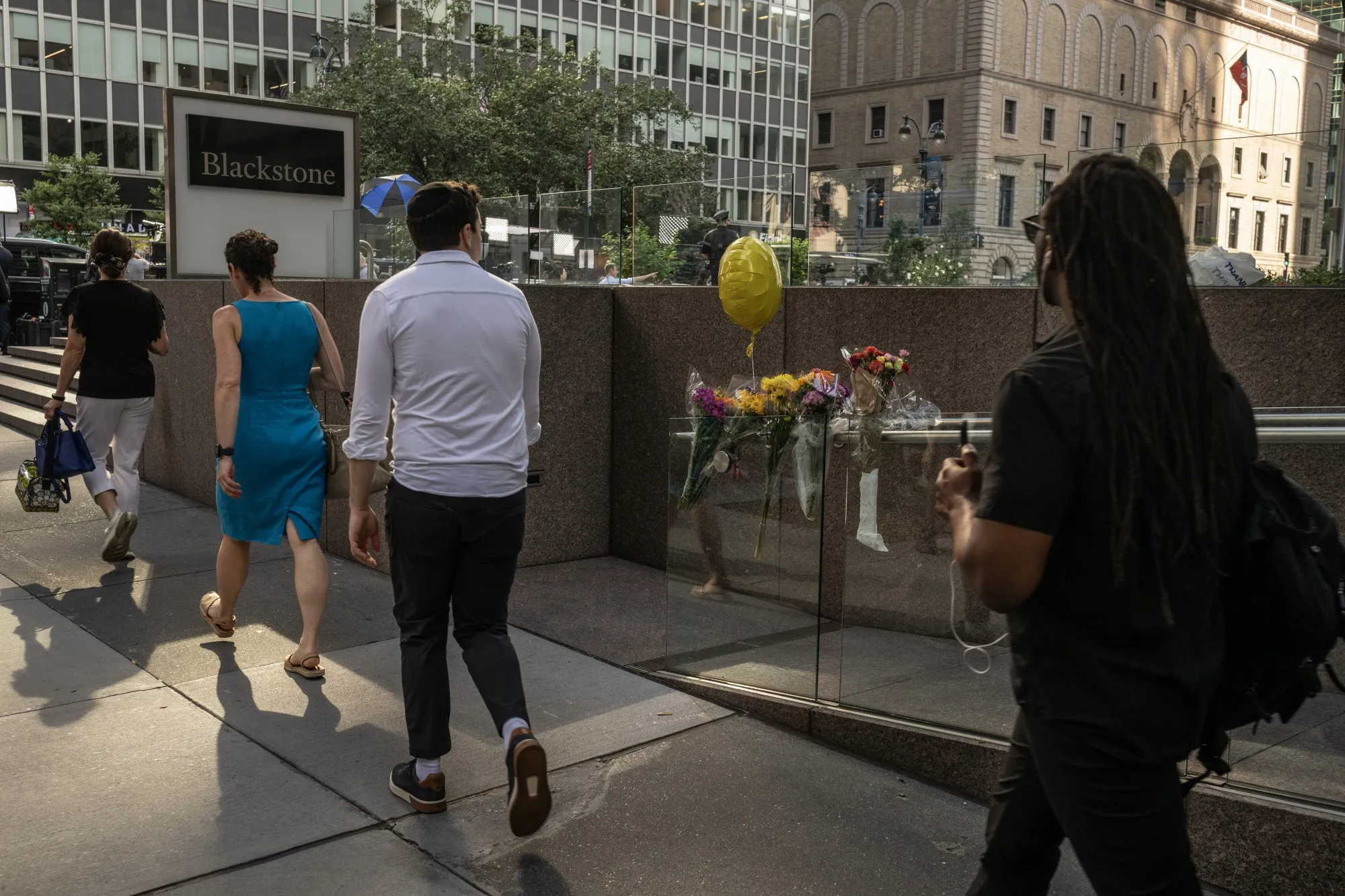 Memorial flowers outside the Blackstone headquarters&nbsp;in New York on Tuesday.