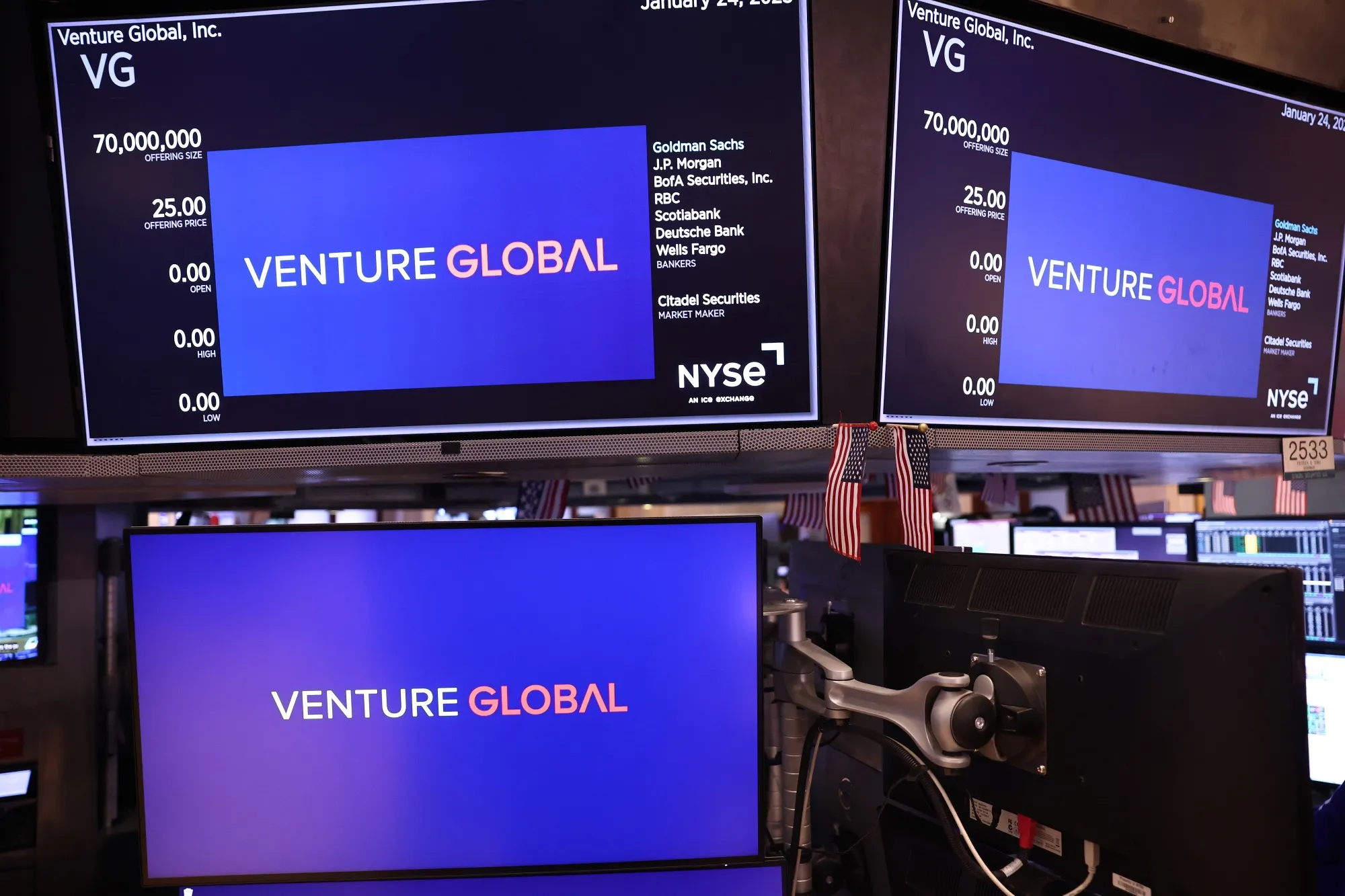 The Venture Global LNG company logo on the floor of the New York Stock Exchange.