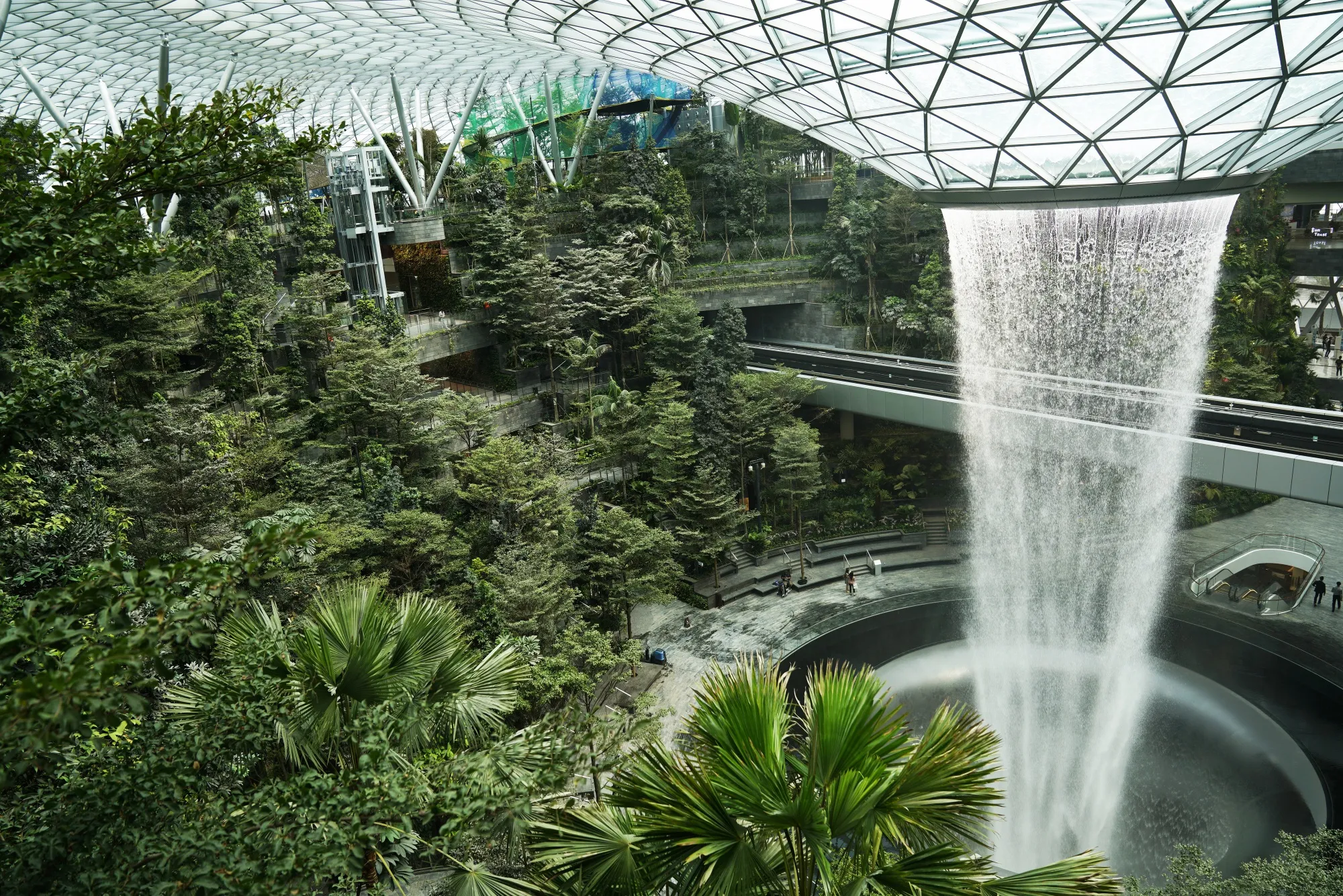 Water falls from the Rain Vortex in the Forest Valley garden at Changi Airport in Singapore.