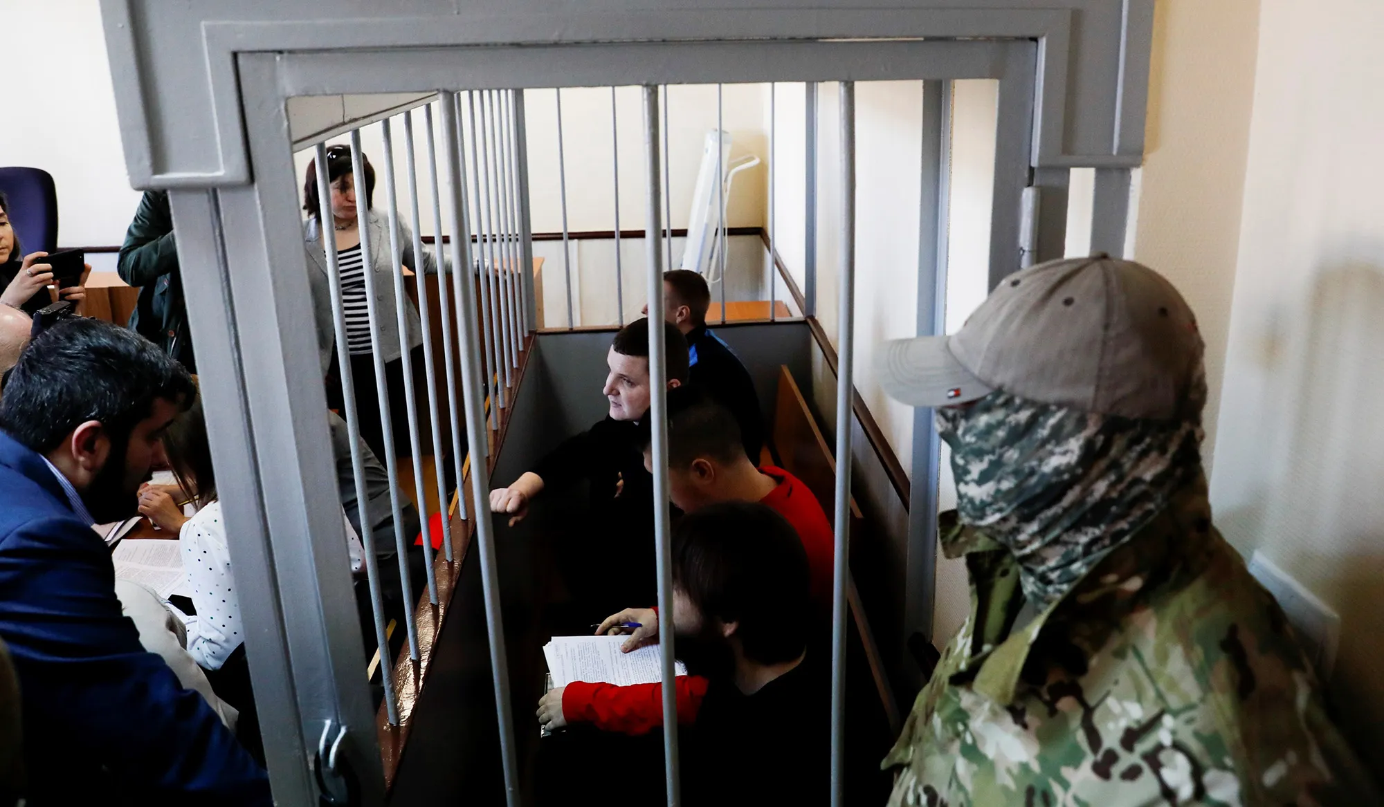 Ukrainian sailors, who were detained in the Kerch Strait by Russian forces,&nbsp;await a hearing in Moscow&nbsp;on April 17, 2019.