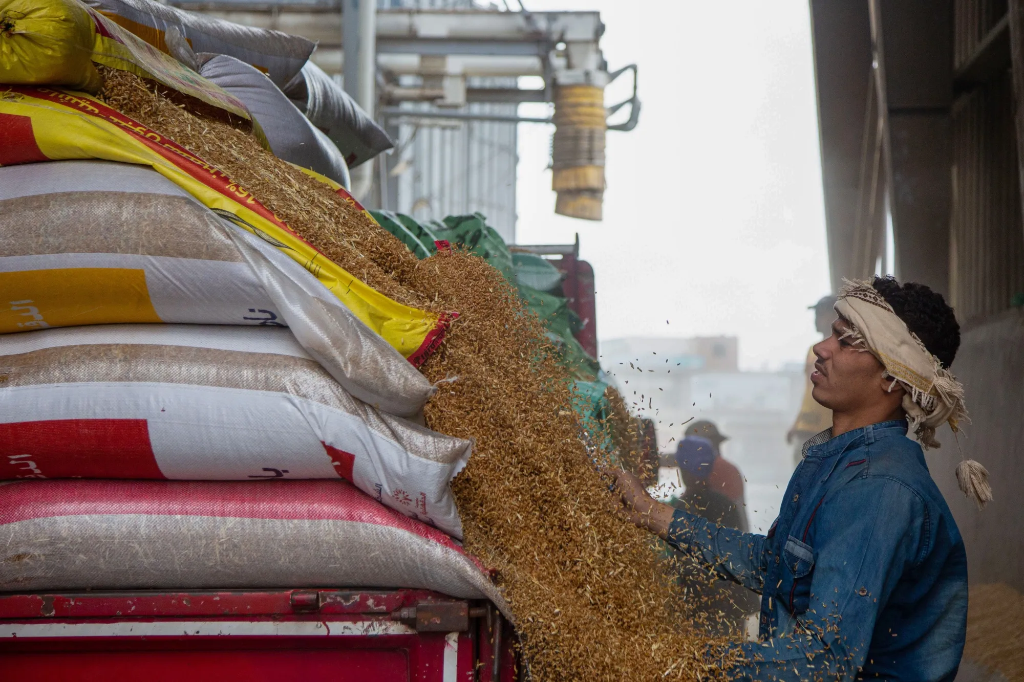 A worker unloads sacks of wheat&nbsp;in Abu Hammad, Egypt.