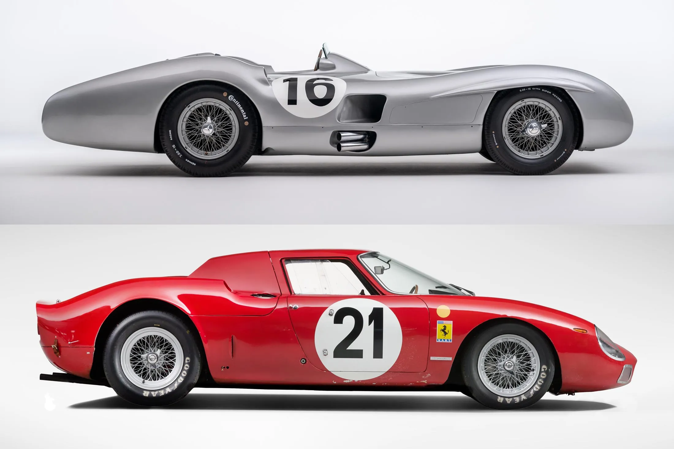 From top: 1954 Mercedes-Benz W196 R Streamliner; 1965 Le Mans-winning Ferrari 250 LM.
