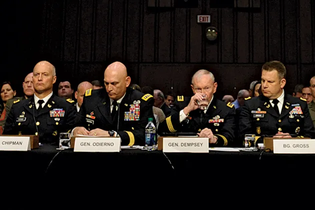 The Joint Chiefs of Staff, flanked by attorneys, testify at a June 4 hearing