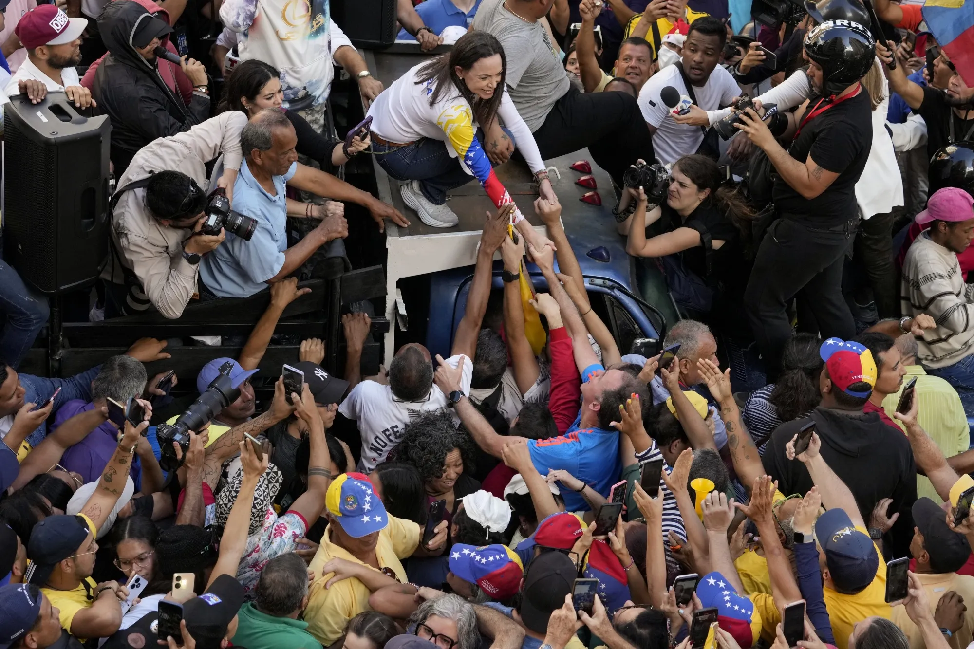 María Corina Machado greets supporters during a protest against President Nicolás Maduro in Caracas, in January.