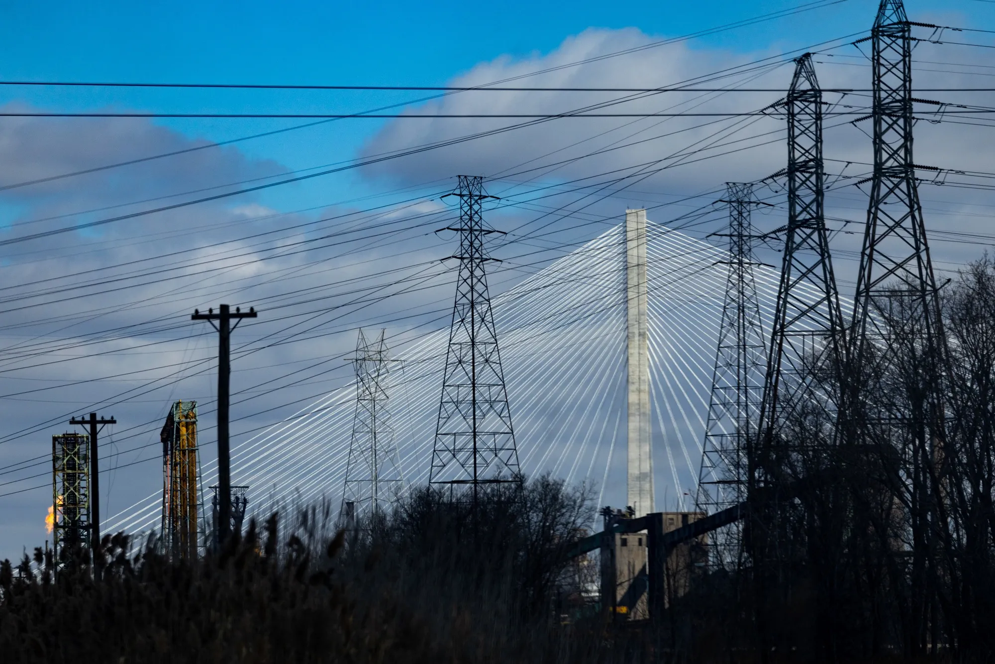 Power lines and utility towers in Detroit.