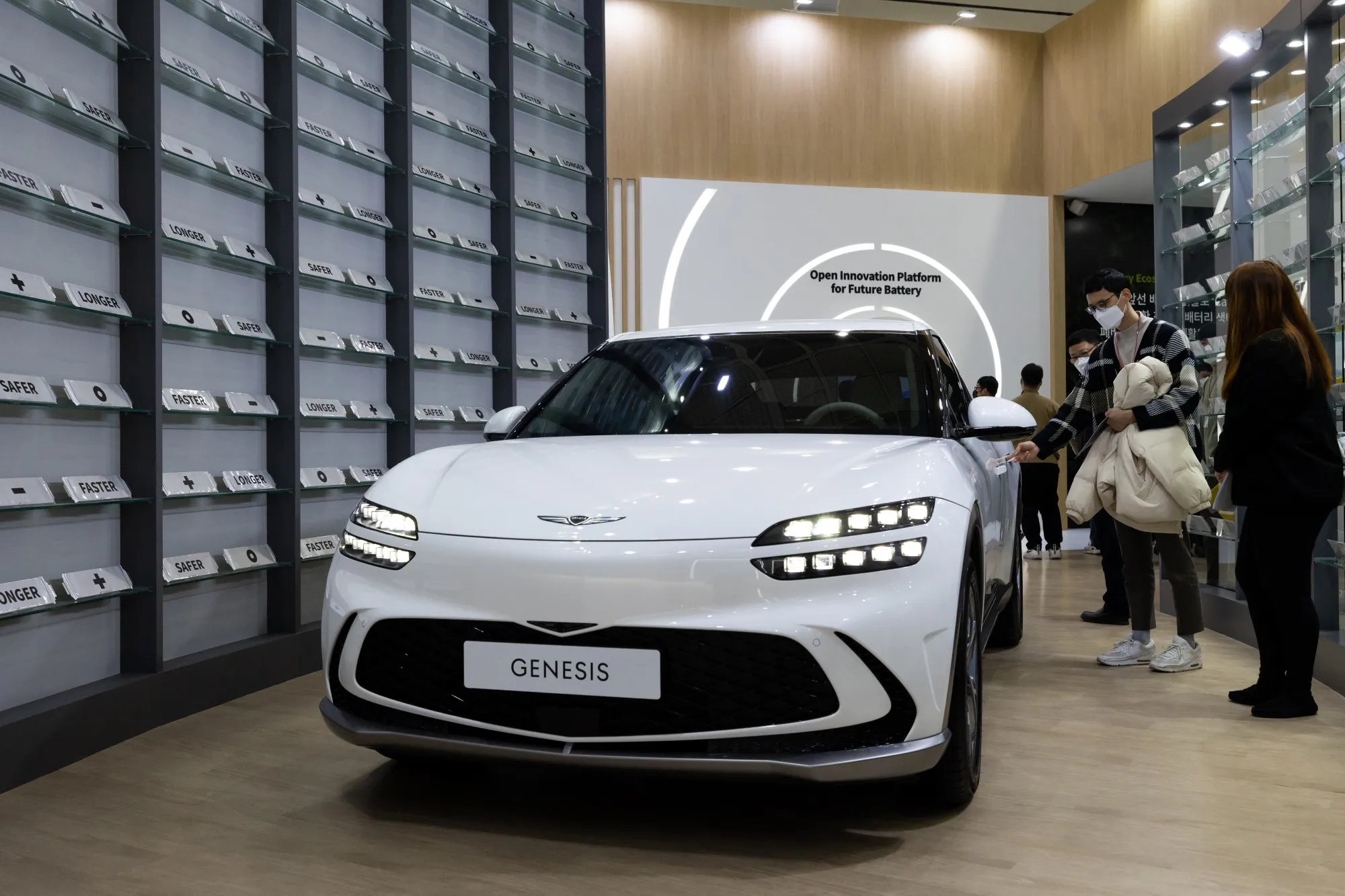 A Hyundai Motor Genesis GV60 with a SK On battery displayed at the InterBattery exhibition in Seoul.