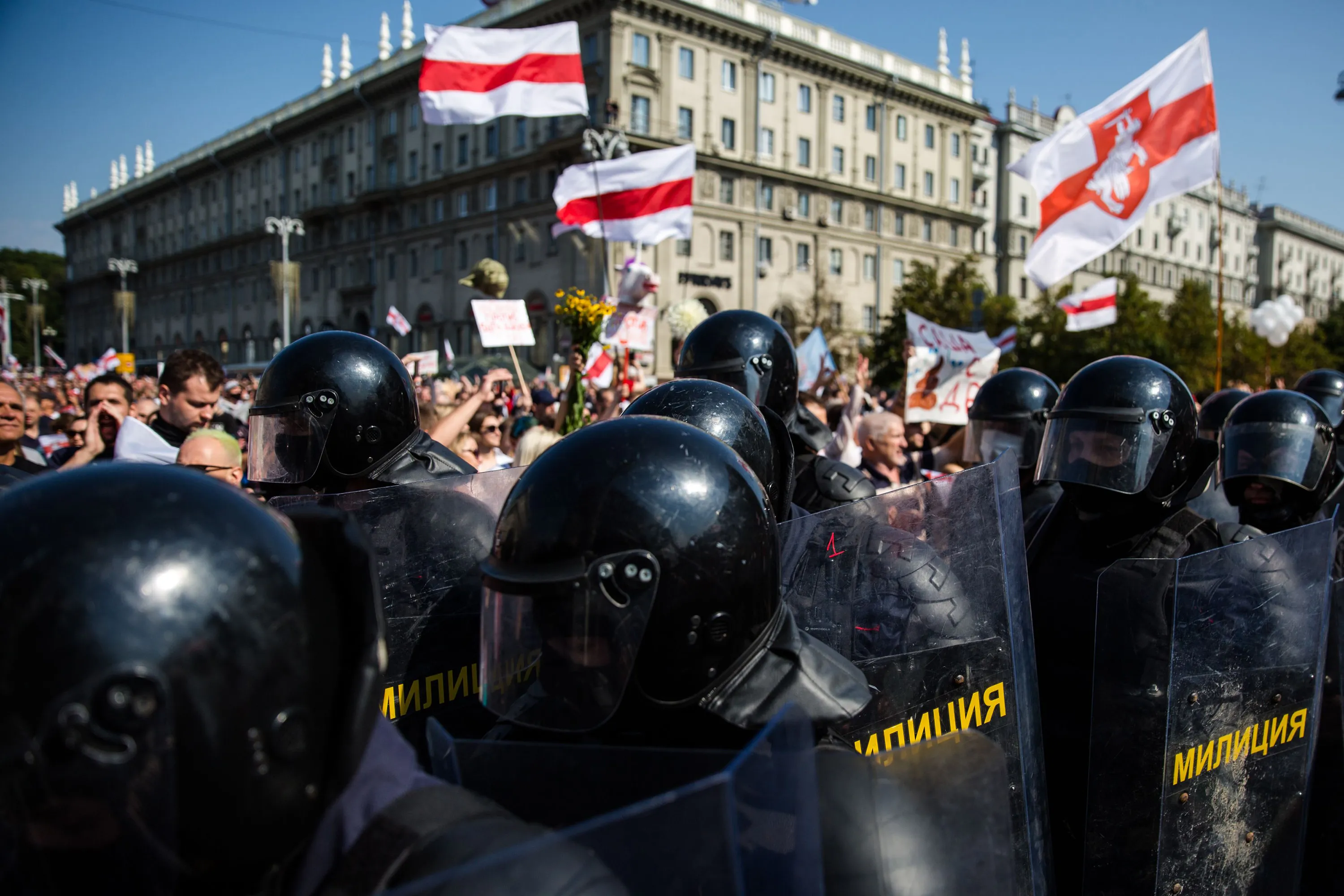 Belarus special police block a street during a protest against disputed presidential elections results in Minsk on Aug. 30.
