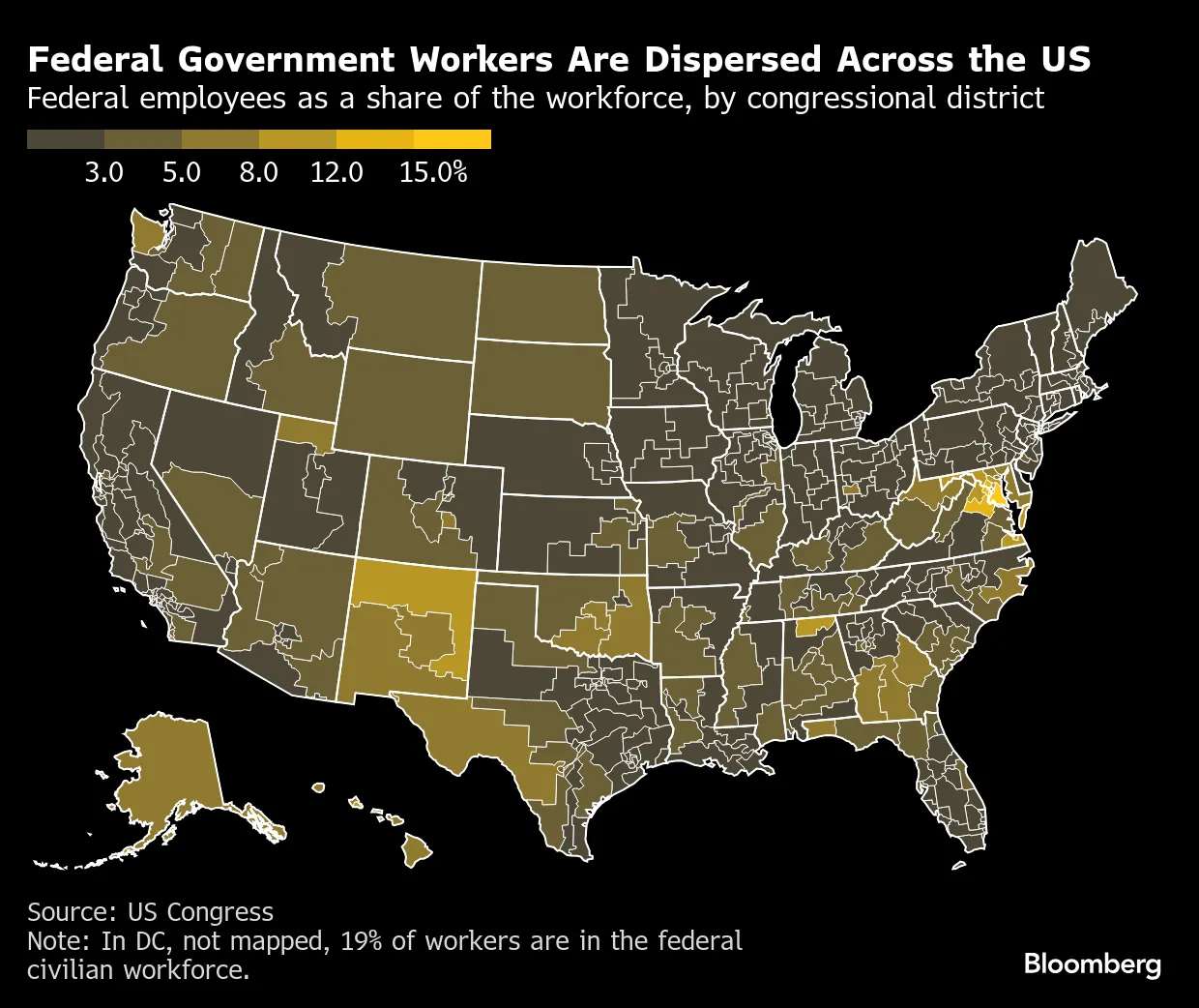 Federal Government Workers Are Dispersed Across the US | Federal employees as a share of the workforce, by congressional district