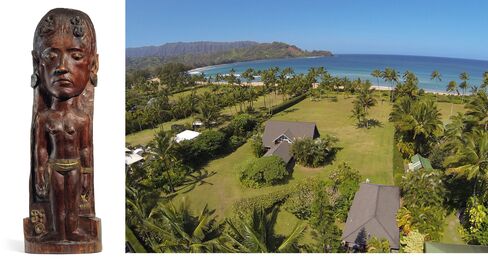 Left: Paul Gauguin, Thérèse, 1902-03. Right: Roberts's estate in Hanalei Bay, Kauai, features 213 feet of beachfront and seven bedrooms, plus neighbors Chuck Norris and Mark Zuckerberg.