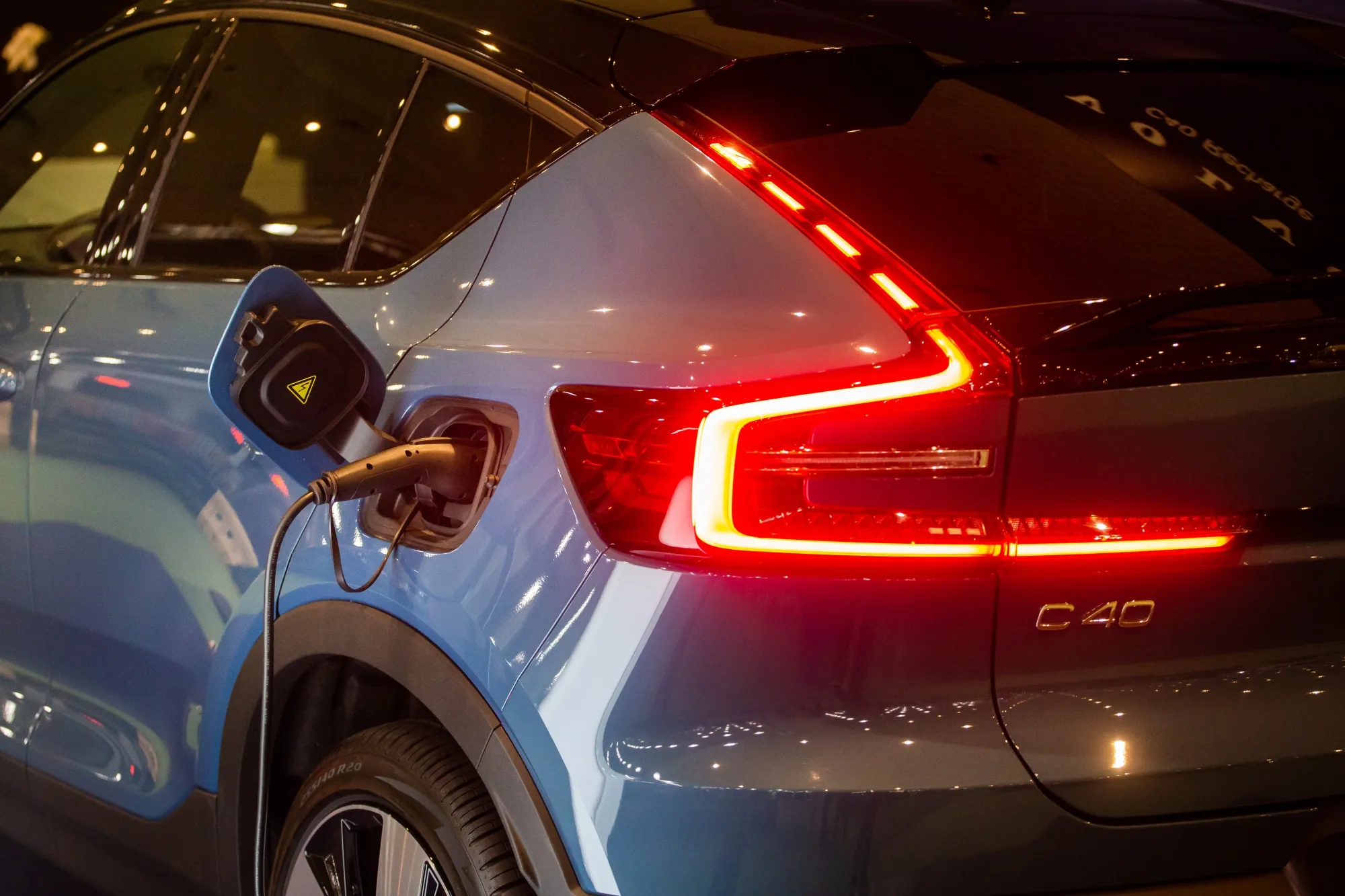 The charging port of a Volvo C40 electric vehicle.